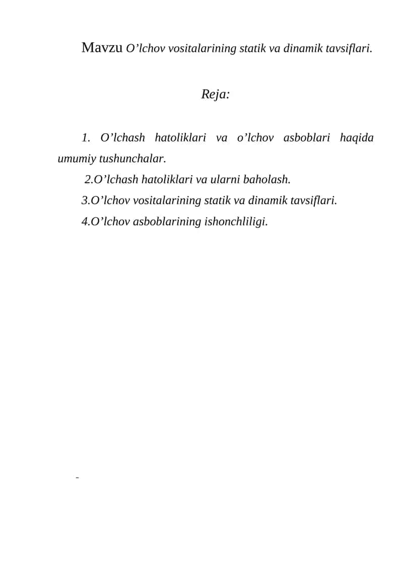 O’lchov vositalarining statik va dinamik tavsiflari