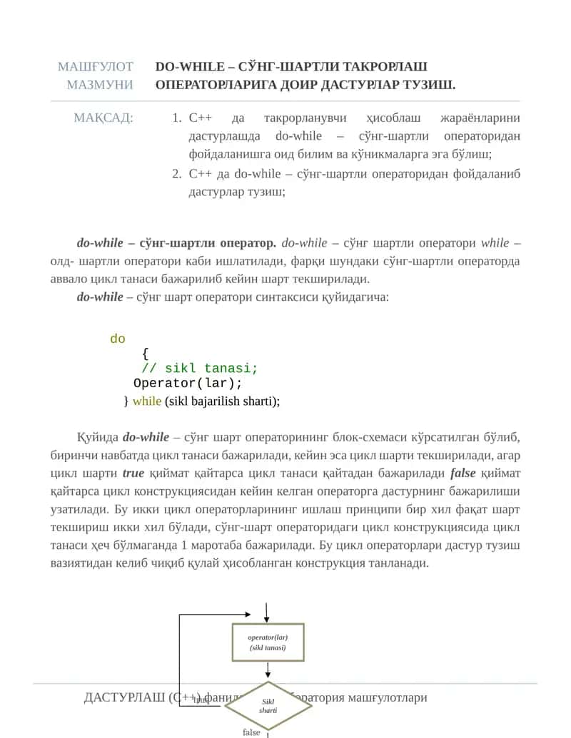 do-while – сўнг-шартли такрорлаш операторларига доир дастурлар тузиш.