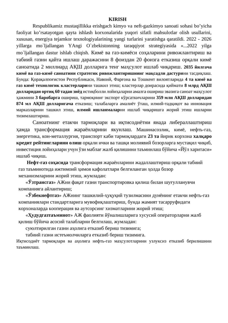 Kimyo va Neft-gazkimyo Sanoati Sohasi
