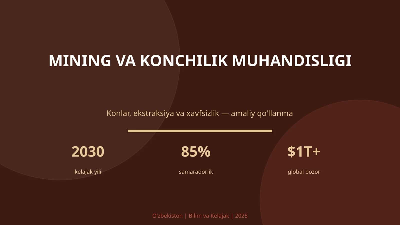 MINING VA KONCHILIK MUHANDISLIGI Konlar, ekstraksiya va xavfsizlik — amaliy qo'llanma 2030 kelajak yili 85% samaradorlik $1T+ global bozor O'zbekiston | Bilim va Kelajak | 2025 KIRISH: Mining va konchilik muhandisligi