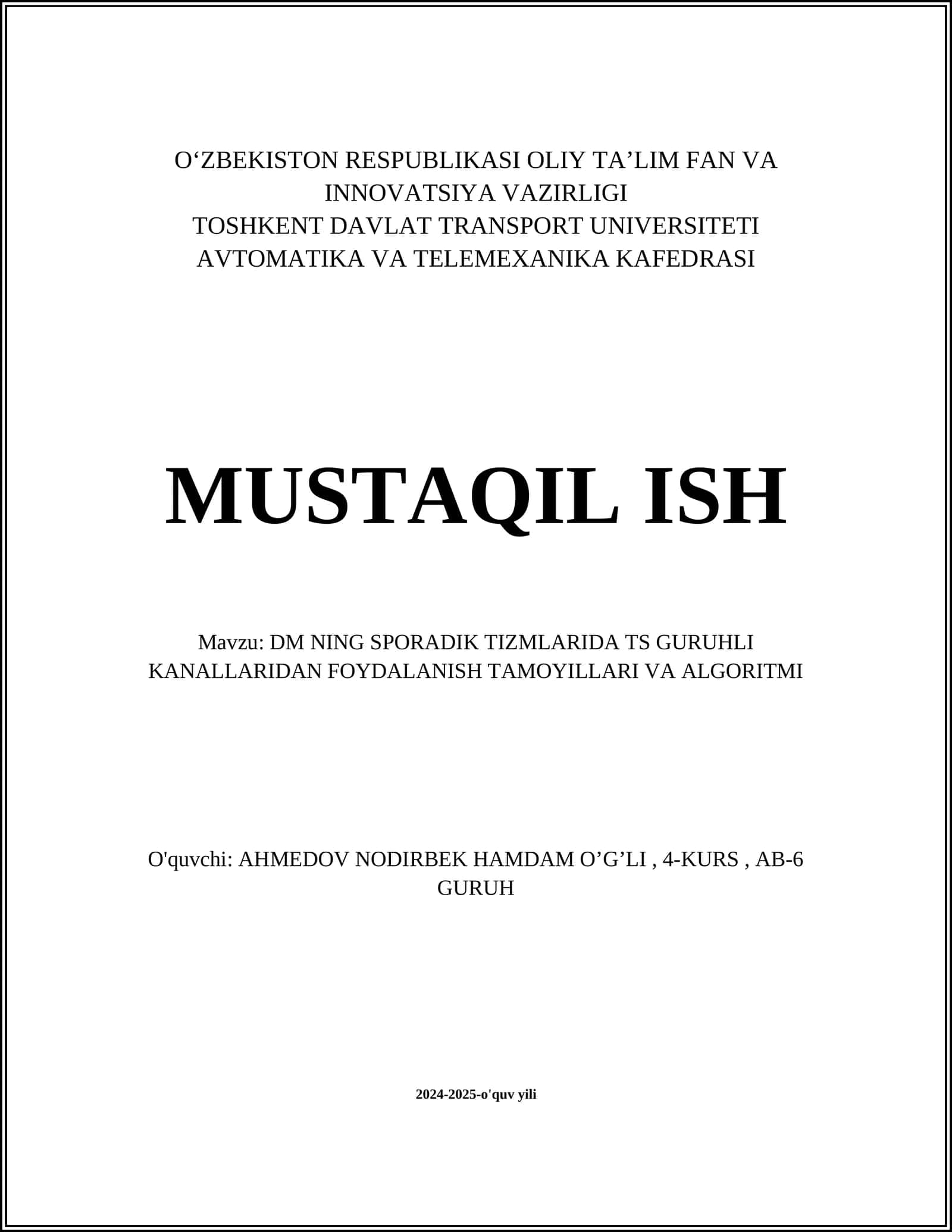 DM NING SPORADIK TIZMLARIDA TS GURUHLI KANALLARIDAN FOYDALANISH TAMOYILLARI VA ALGORITMI