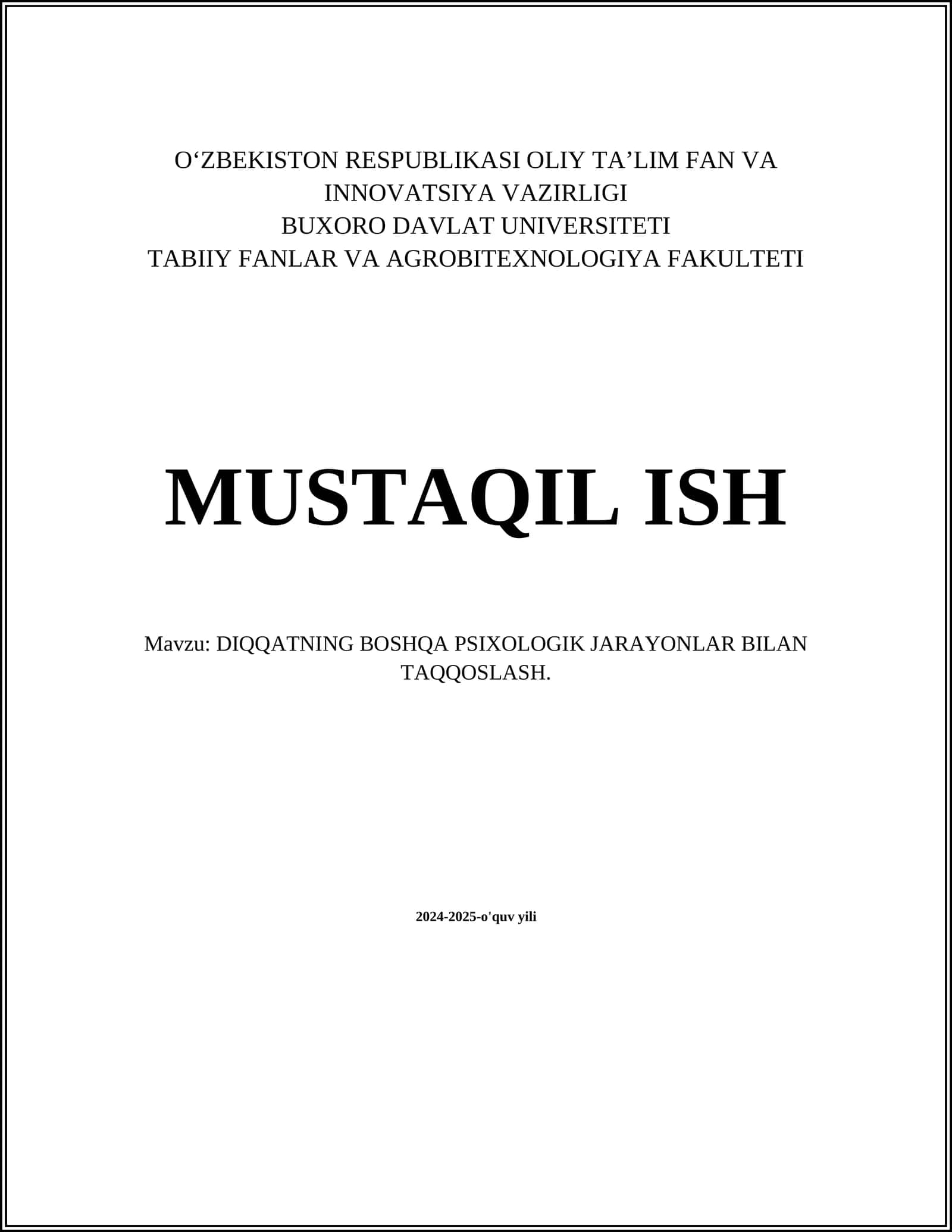 DIQQATNING BOSHQA PSIXOLOGIK JARAYONLAR BILAN TAQQOSLASH