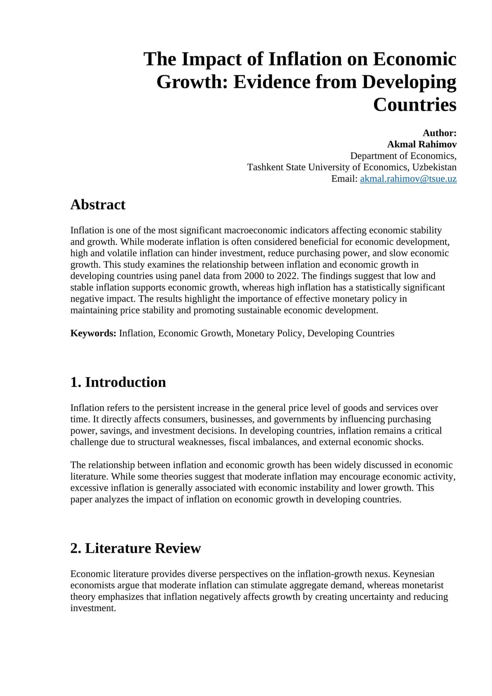 The Impact of Inflation on Economic Growth: Evidence from Developing Countries