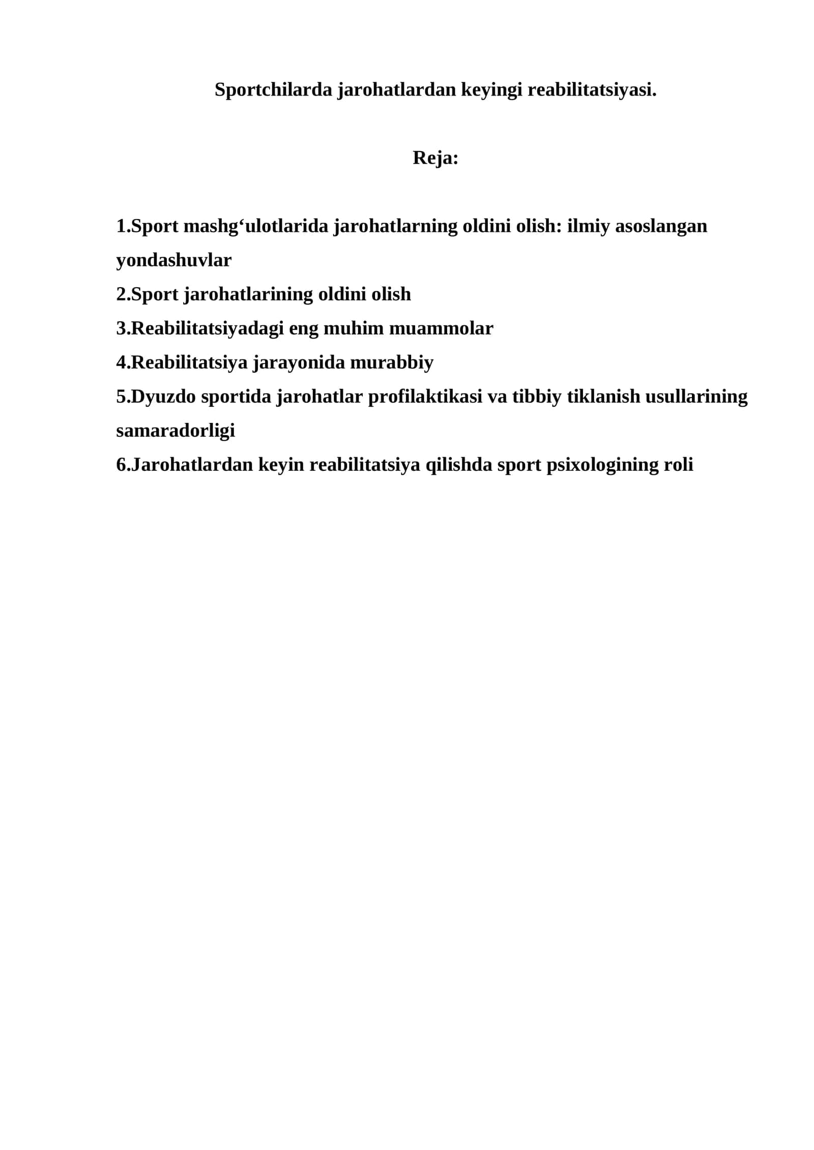 Sportchilarda jarohatlardan keyingi reabilitatsiyasi