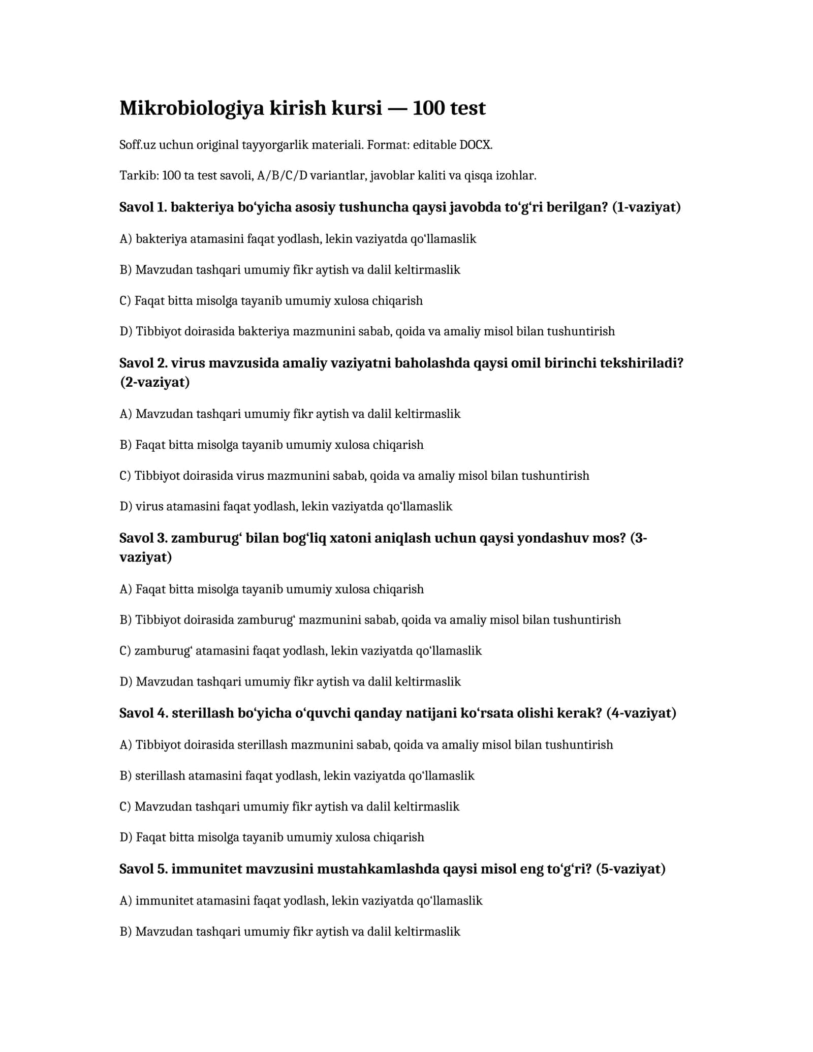 Mikrobiologiya kirish kursi — 100 test