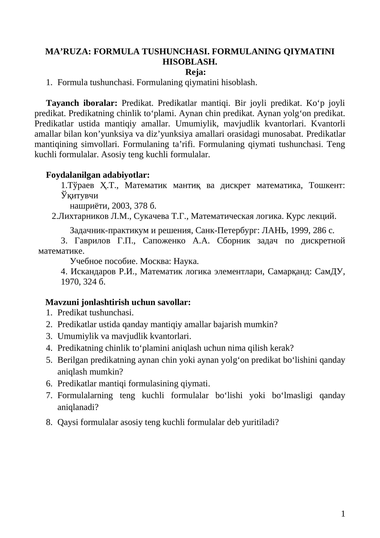 MA’RUZA: FORMULA TUSHUNCHASI. FORMULANING QIYMATINI HISOBLASH