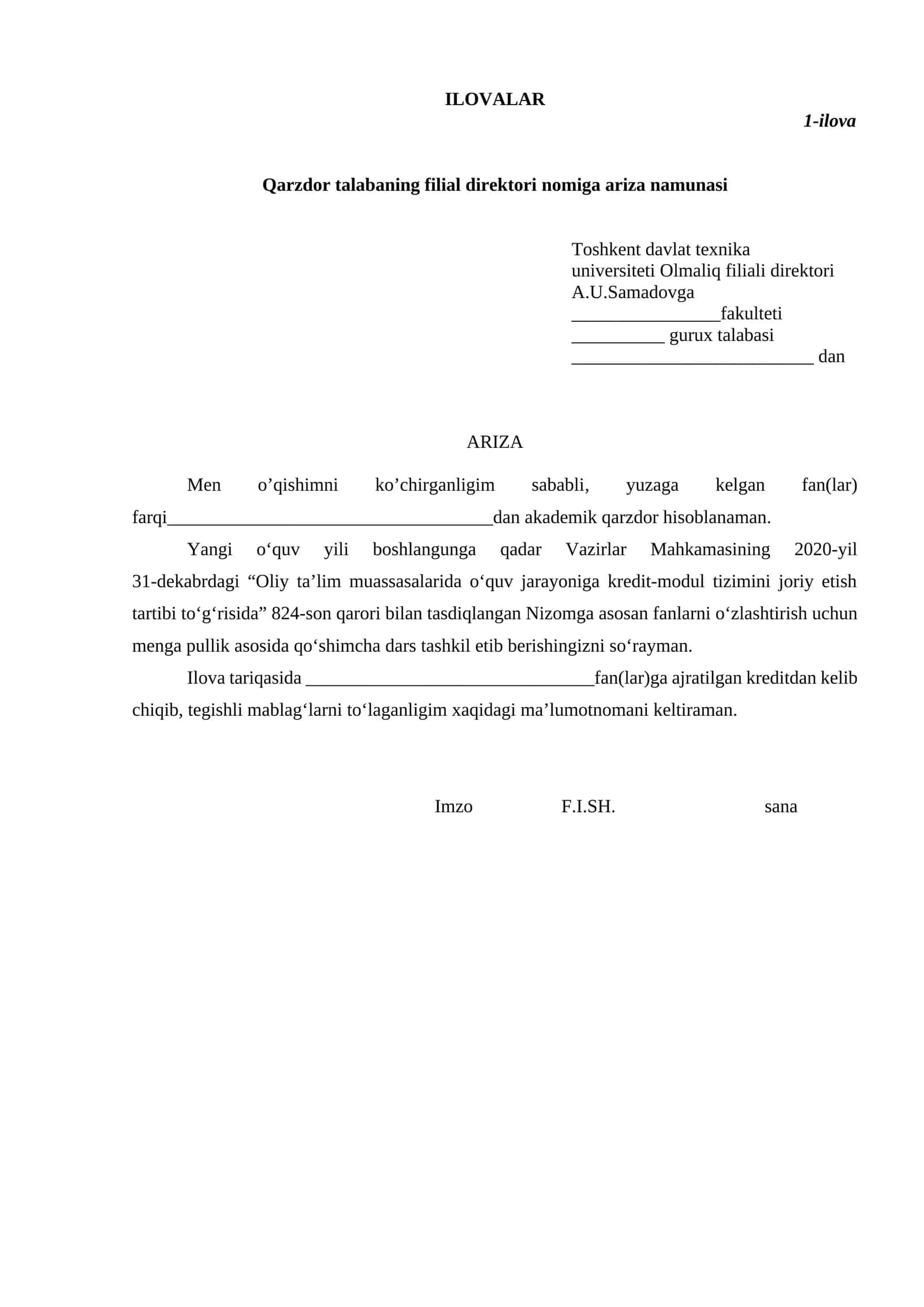 Qarzdor talabaning filial direktori nomiga ariza namunasi