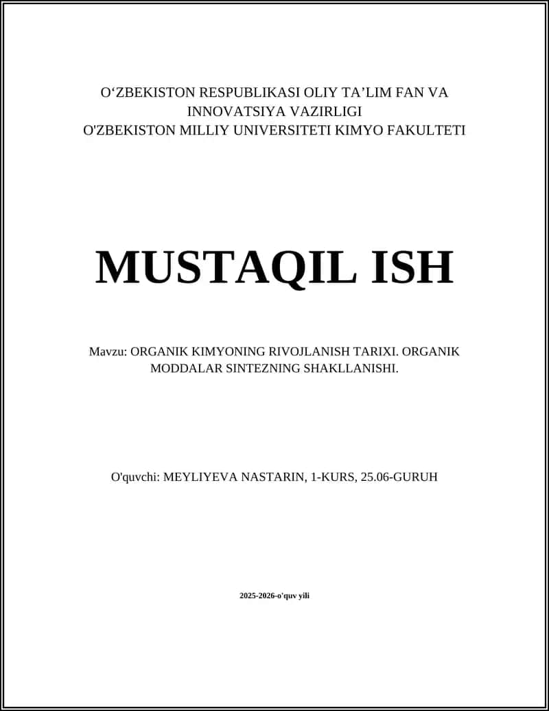 ORGANIK KIMYONING RIVOJLANISH TARIXI