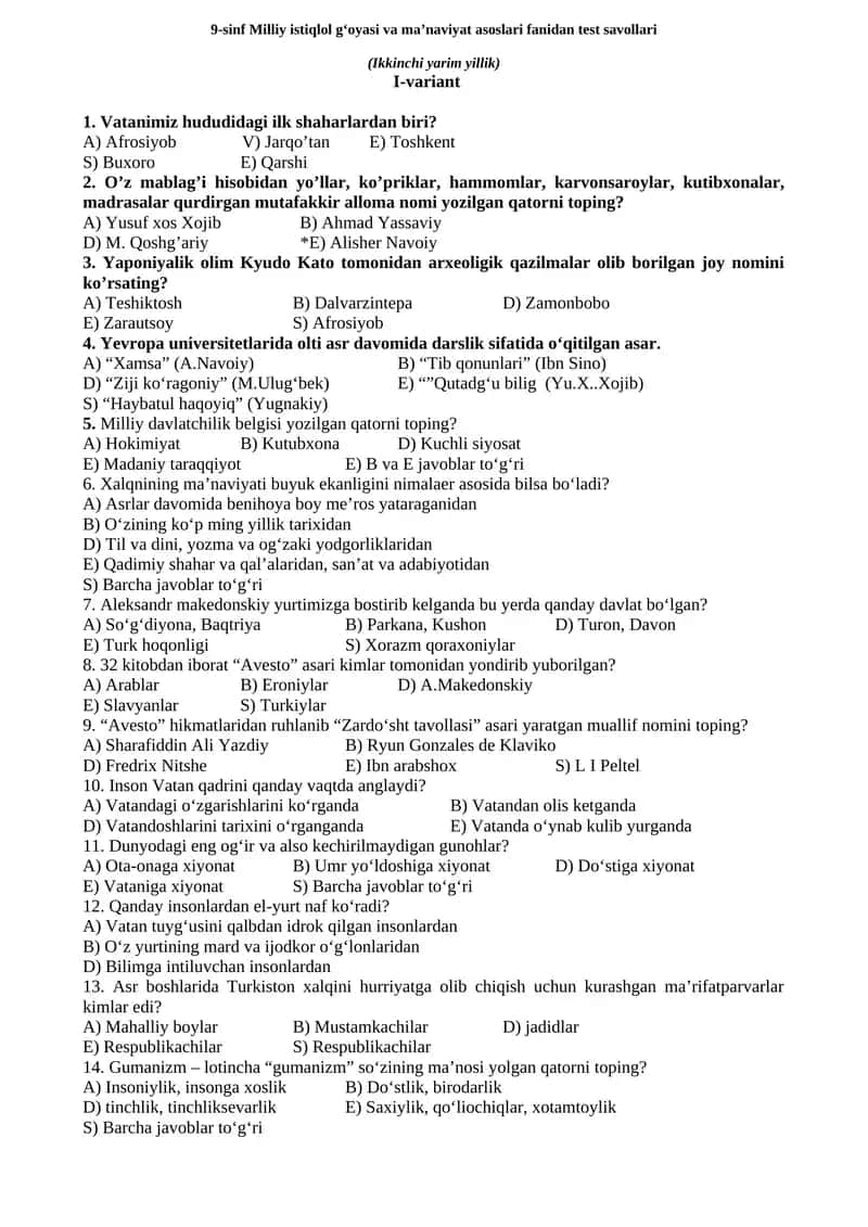 9-sinf Milliy istiqlol g‘oyasi va ma’naviyat asoslari fanidan test savollari (Ikkinchi yarim yillik)