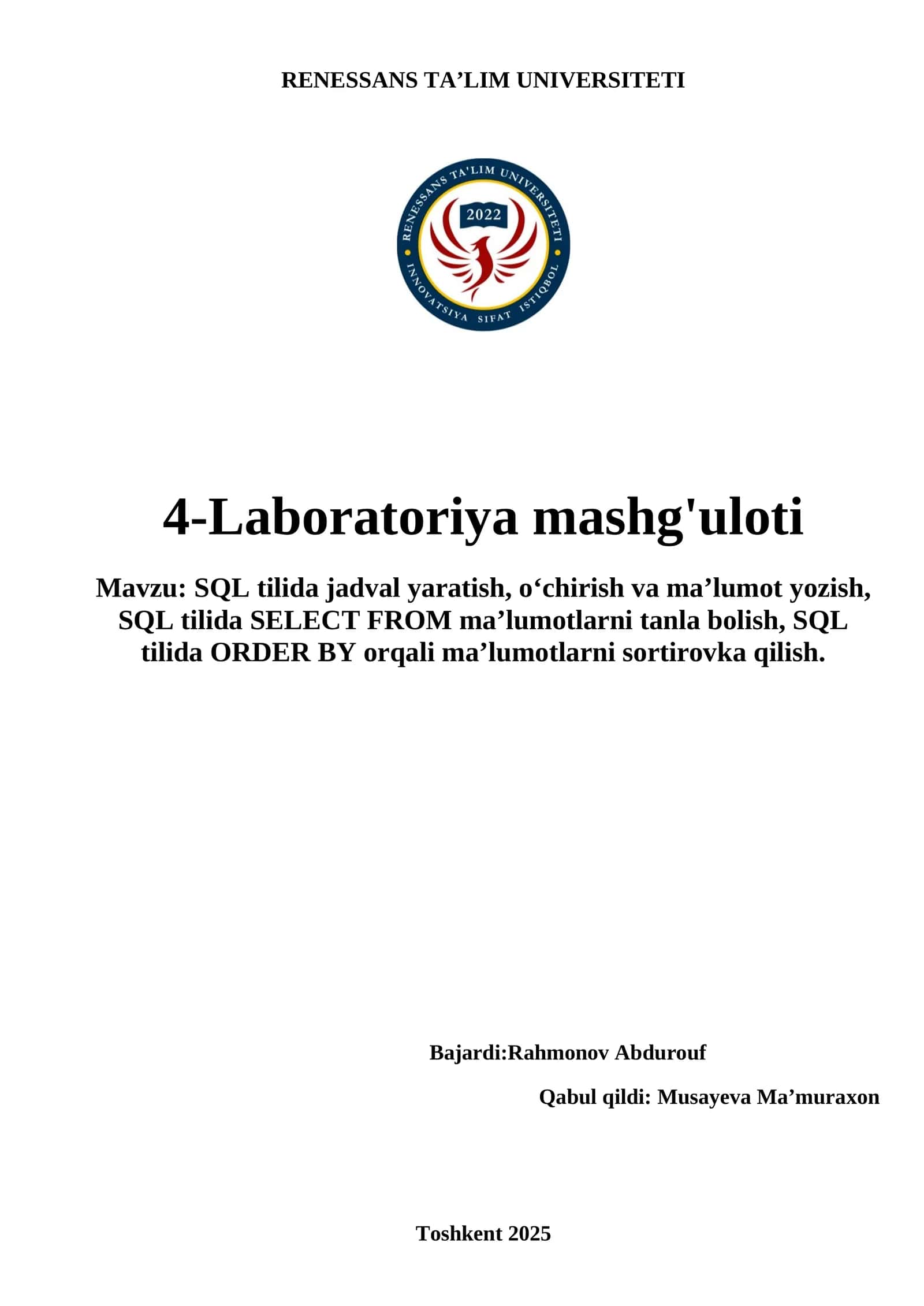 4-Laboratoriya mashg'uloti