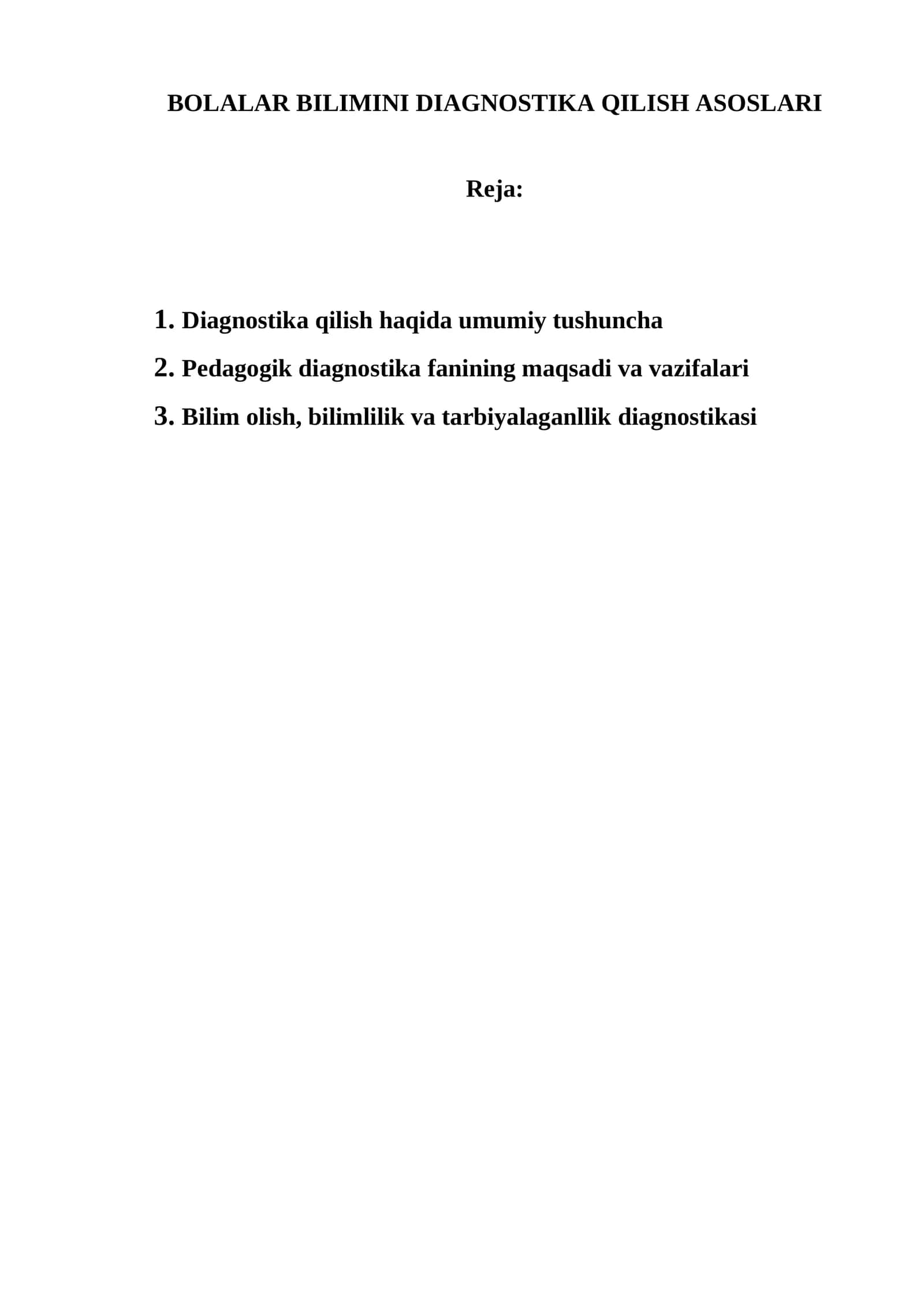 BOLALAR BILIMINI DIAGNOSTIKA QILISH ASOSLARI