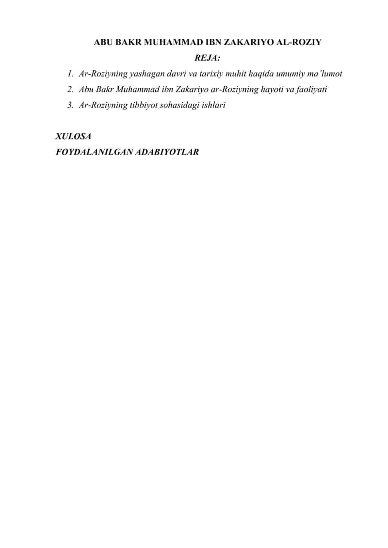 ABU BAKR MUHAMMAD IBN ZAKARIYO AL-ROZIY