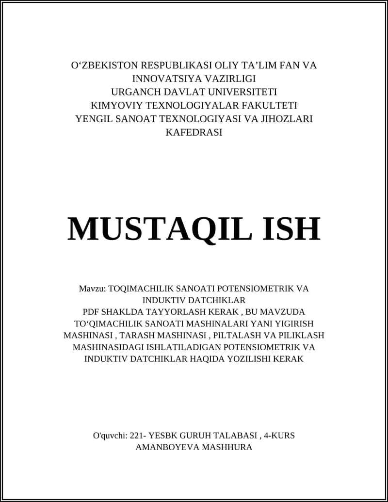 TOQIMACHILIK SANOATI POTENSIOMETRIK VA INDUKTIV DATCHIKLAR