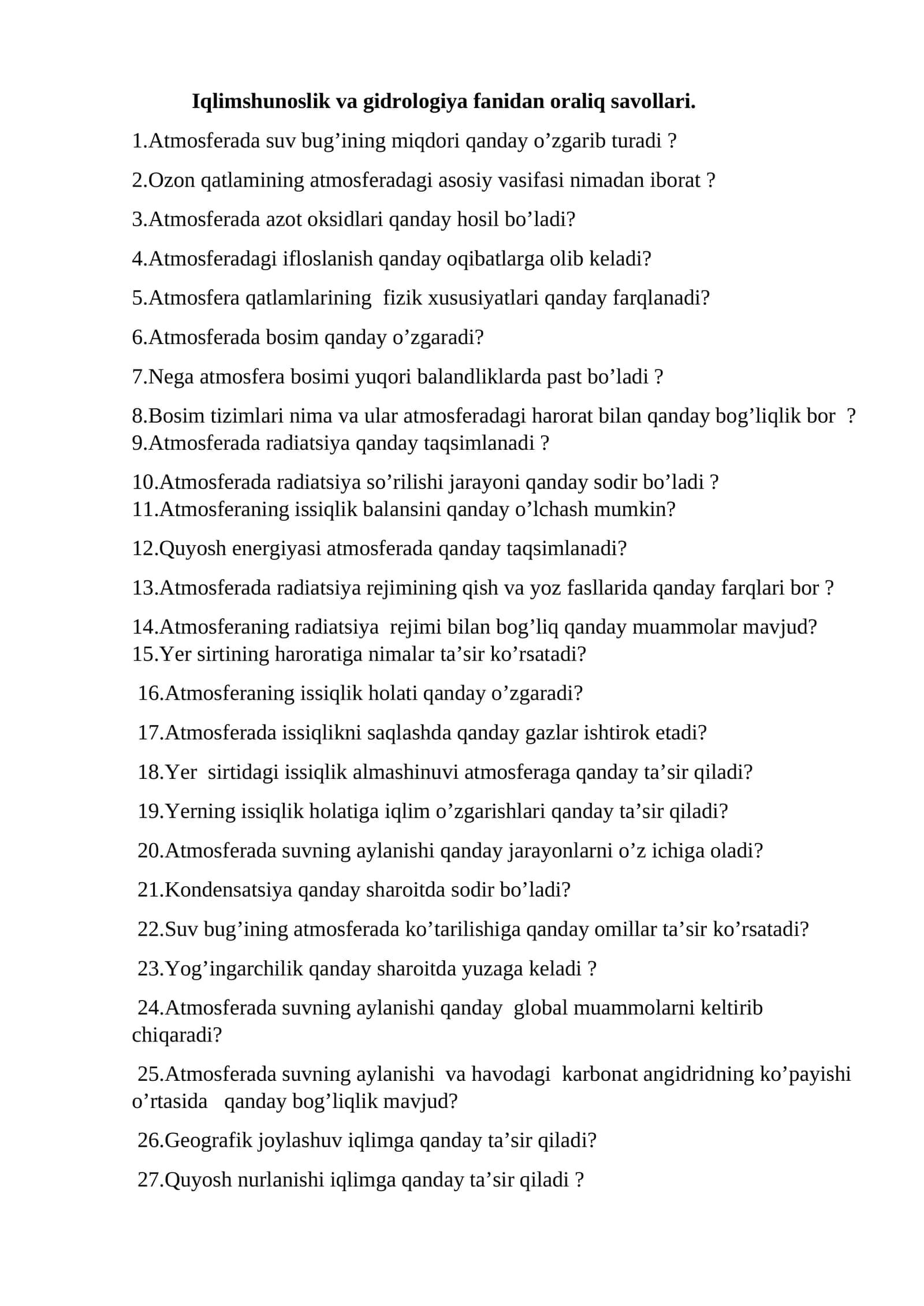 Iqlimshunoslik va gidrologiya fanidan oraliq savollari