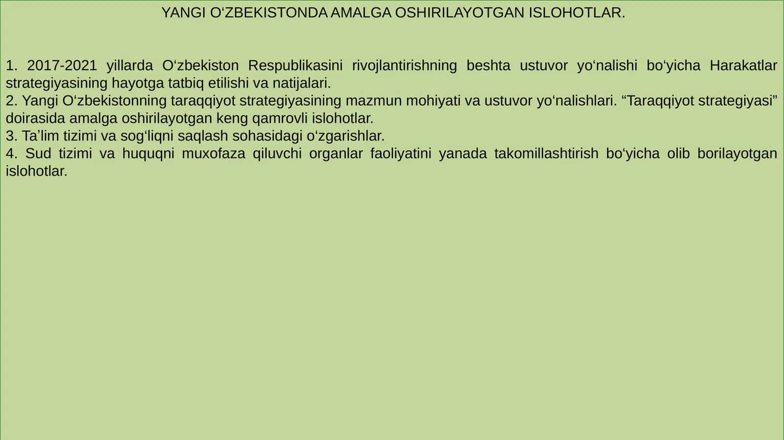 Yangi O‘zbekistonda Amalga Oshirilayotgan Ishlar