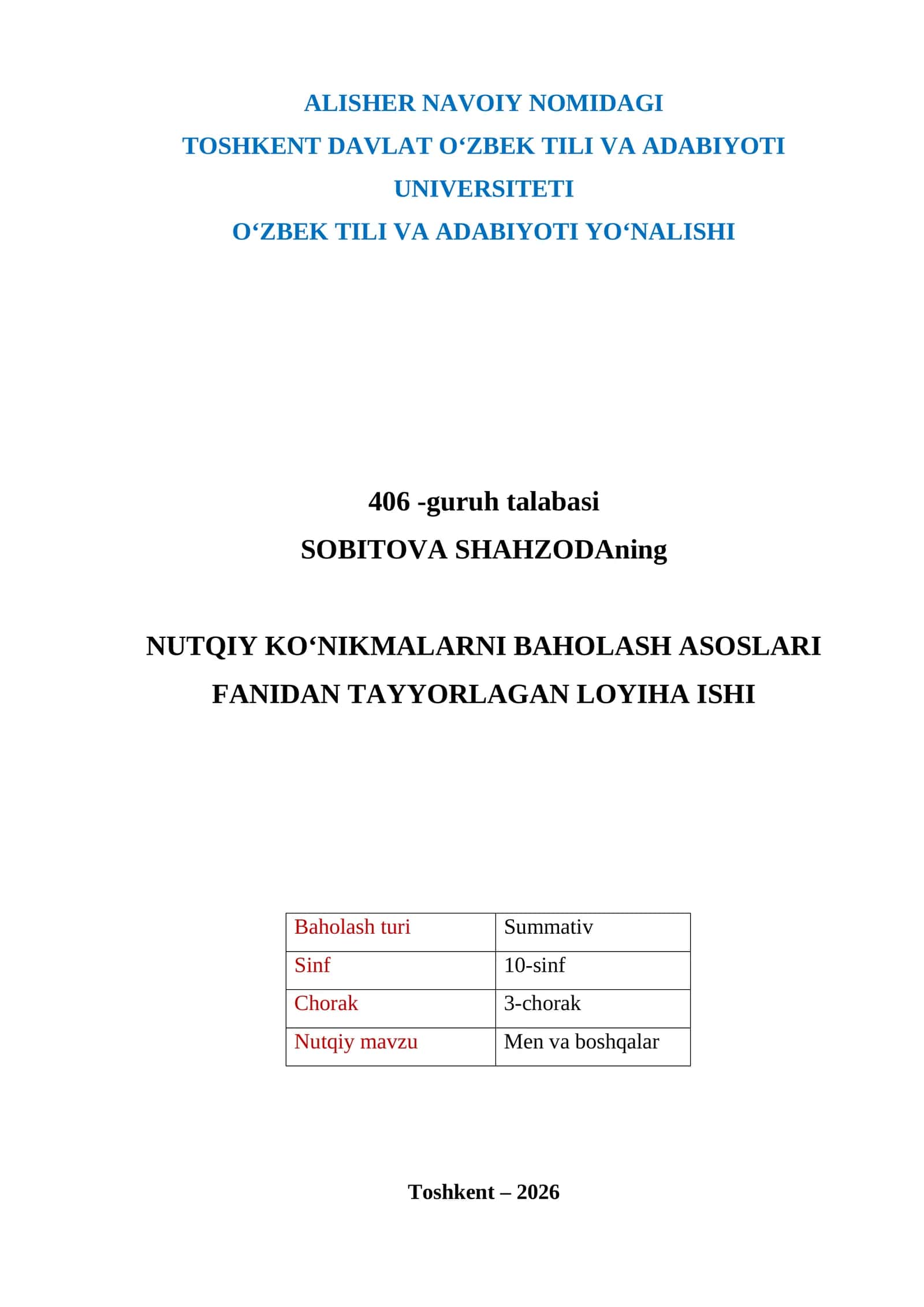 Nutqiy ko‘nikmalarni baholash asoslari