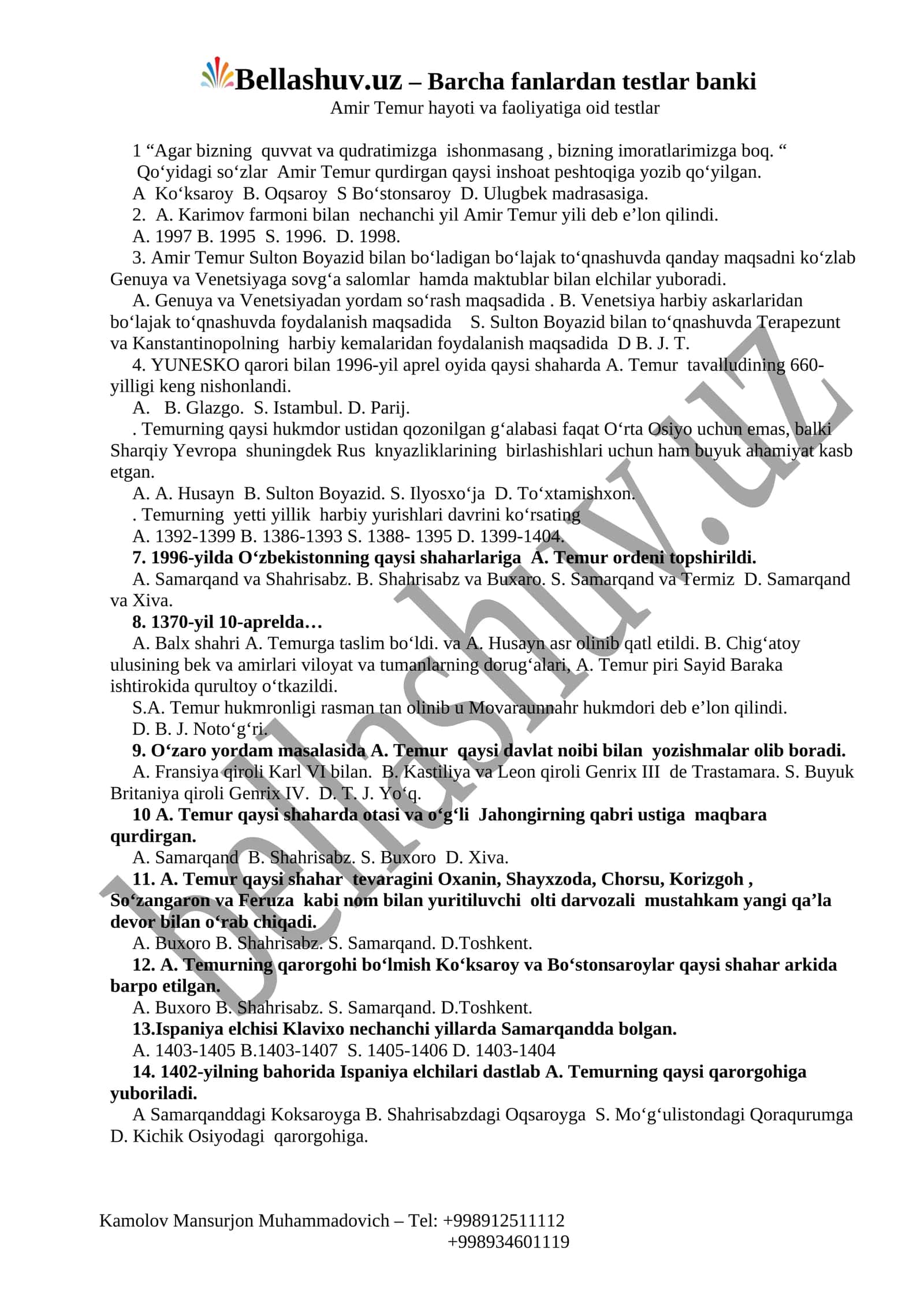 Amir Temur hayoti va faoliyatiga oid testlar