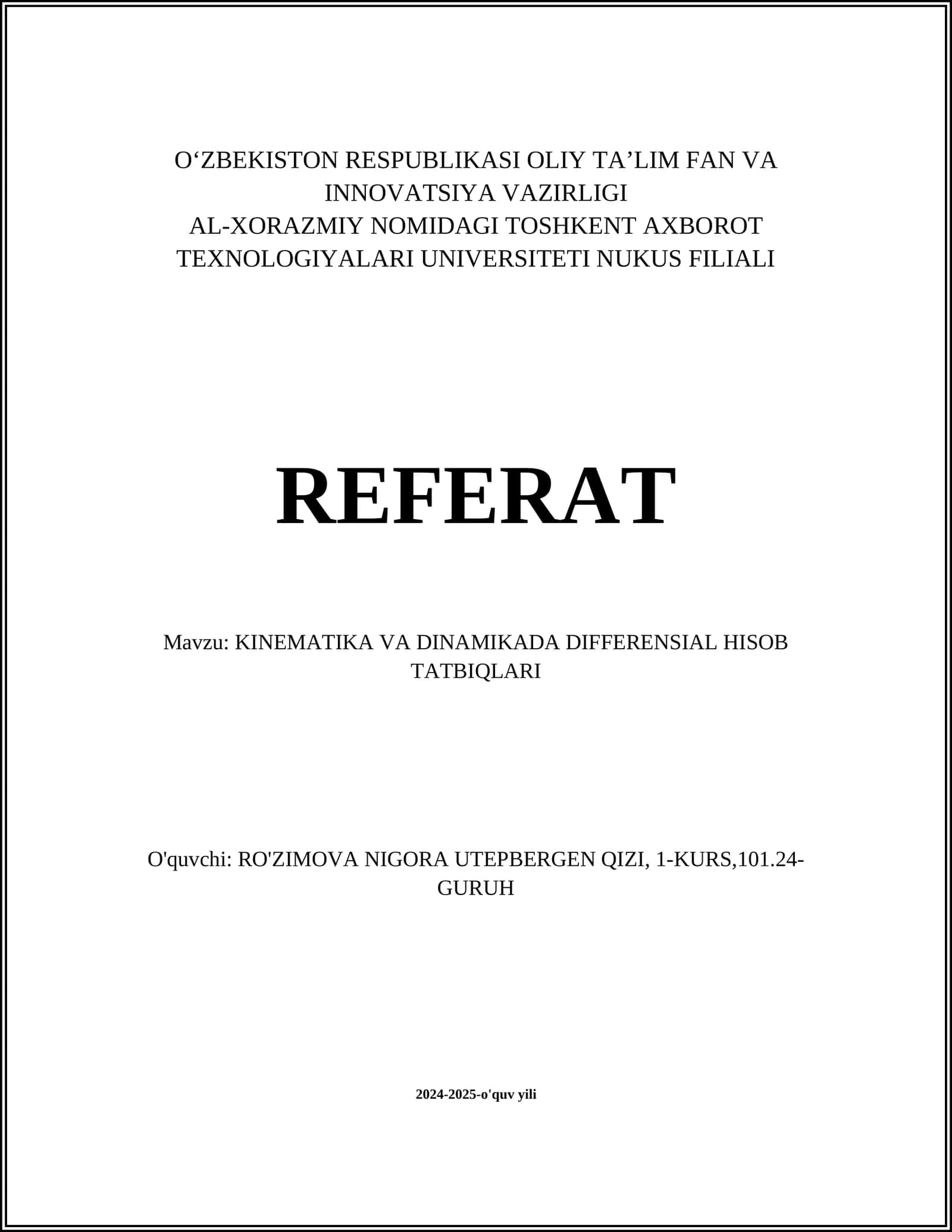 KINEMATIKA VA DINAMIKADA DIFFERENSIAL HISOB TATBIQLARI