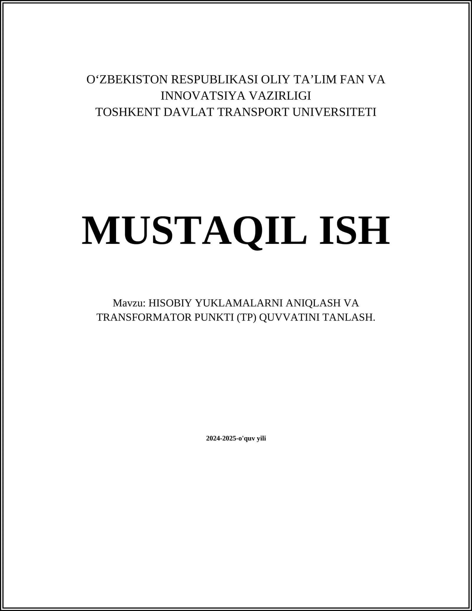 HISOBIY YUKLAMALARNI ANIQLASH VA TRANSFORMATOR PUNKTI (TP) QUVVATINI TANLASH