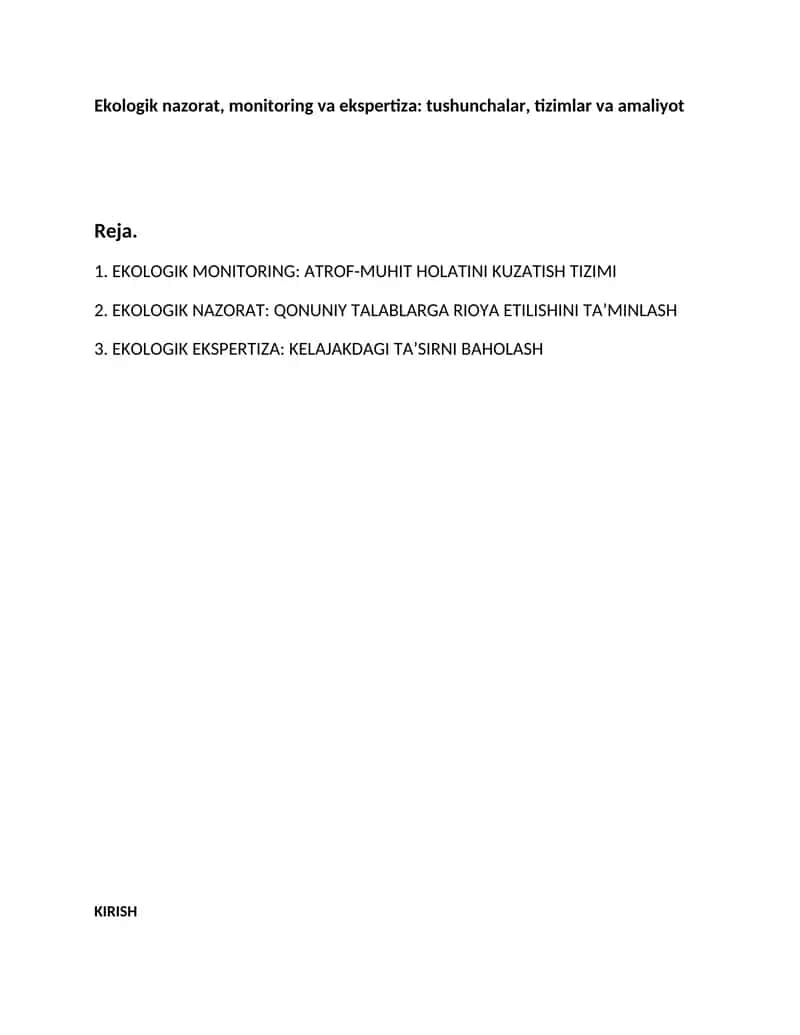 Ekologik nazorat, monitoring va ekspertiza: tushunchalar, tizimlar va amaliyot