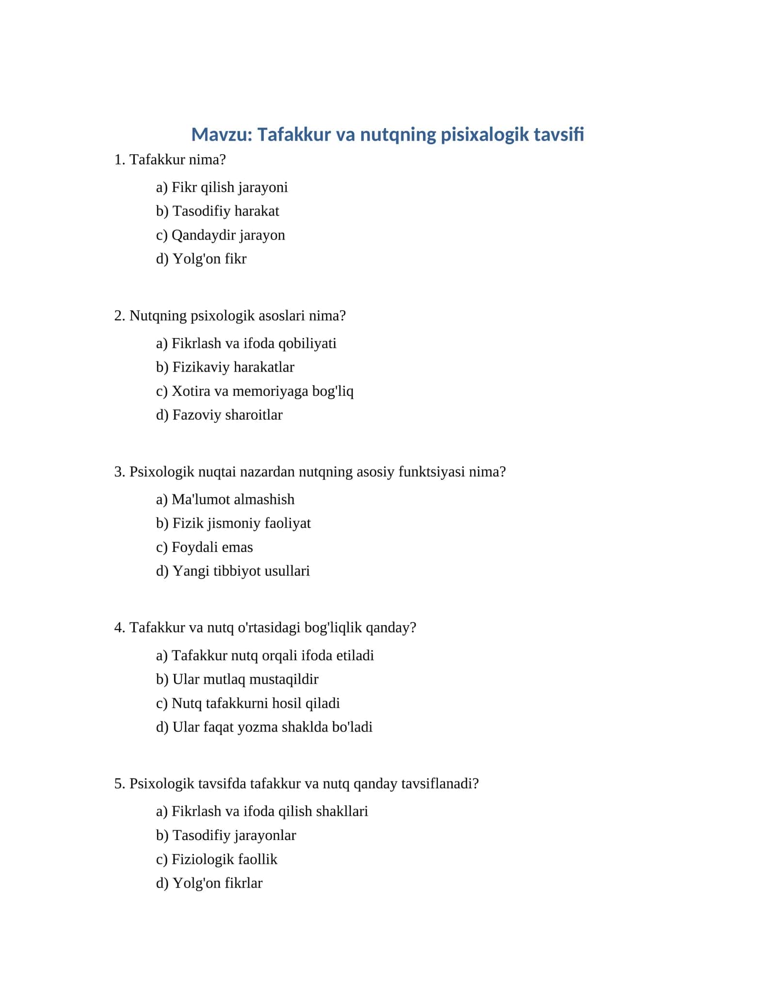 Tafakkur va nutqning pisixalogik tavsifi