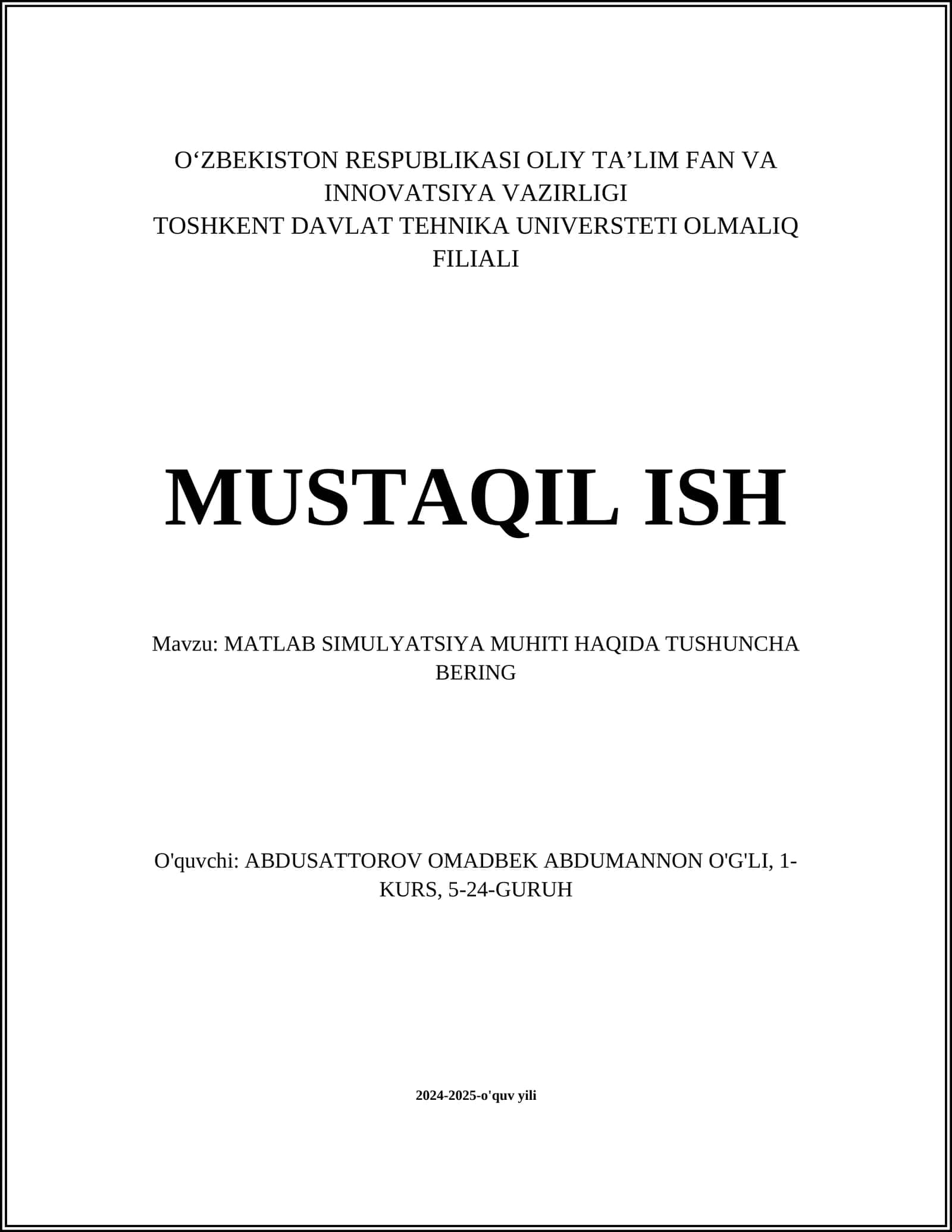 MATLAB SIMULYATSIYA MUHITI HAQIDA TUSHUNCHA BERING