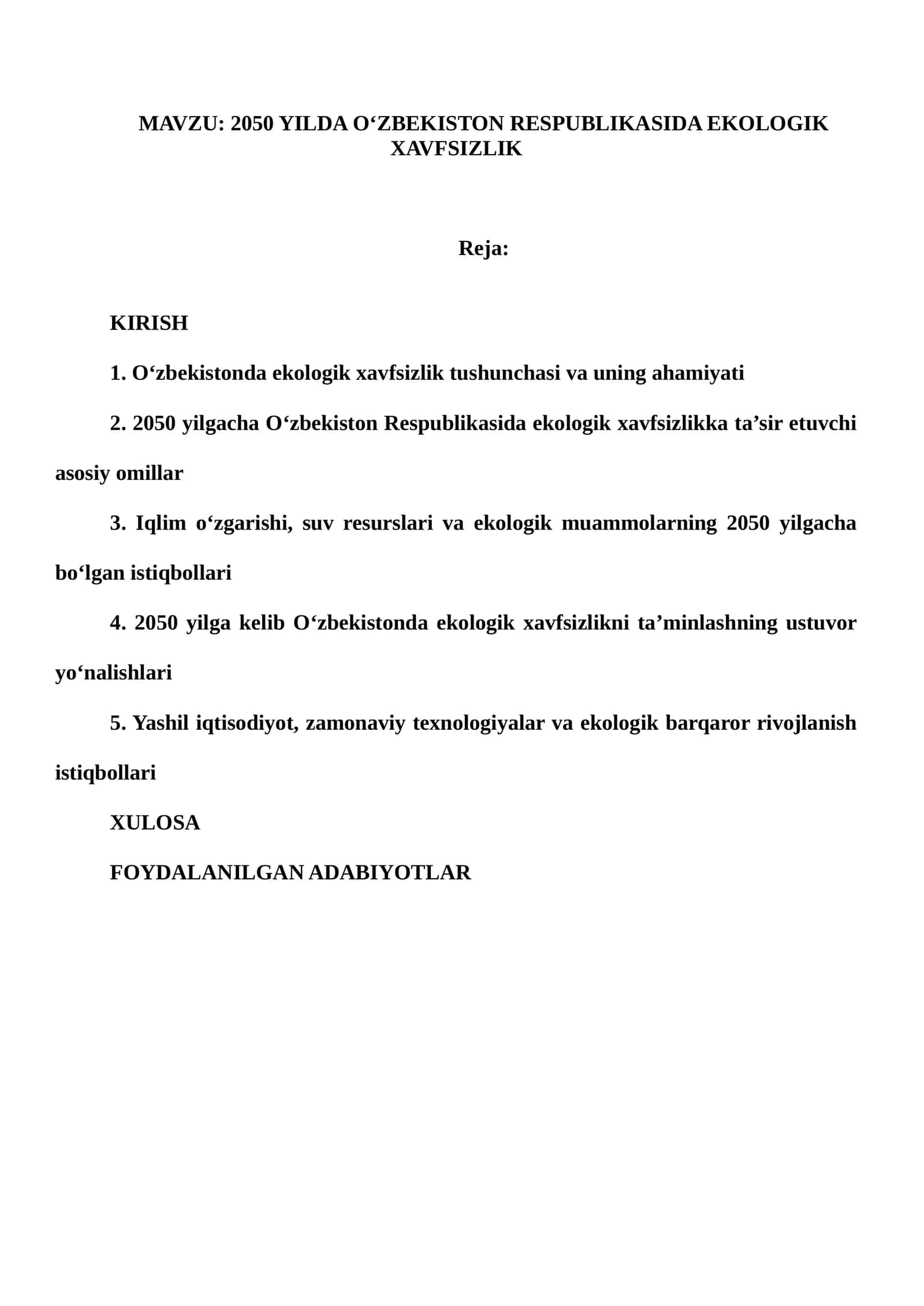 2050 YILDA O‘ZBEKISTON RESPUBLIKASIDA EKOLOGIK XAVFSIZLIK