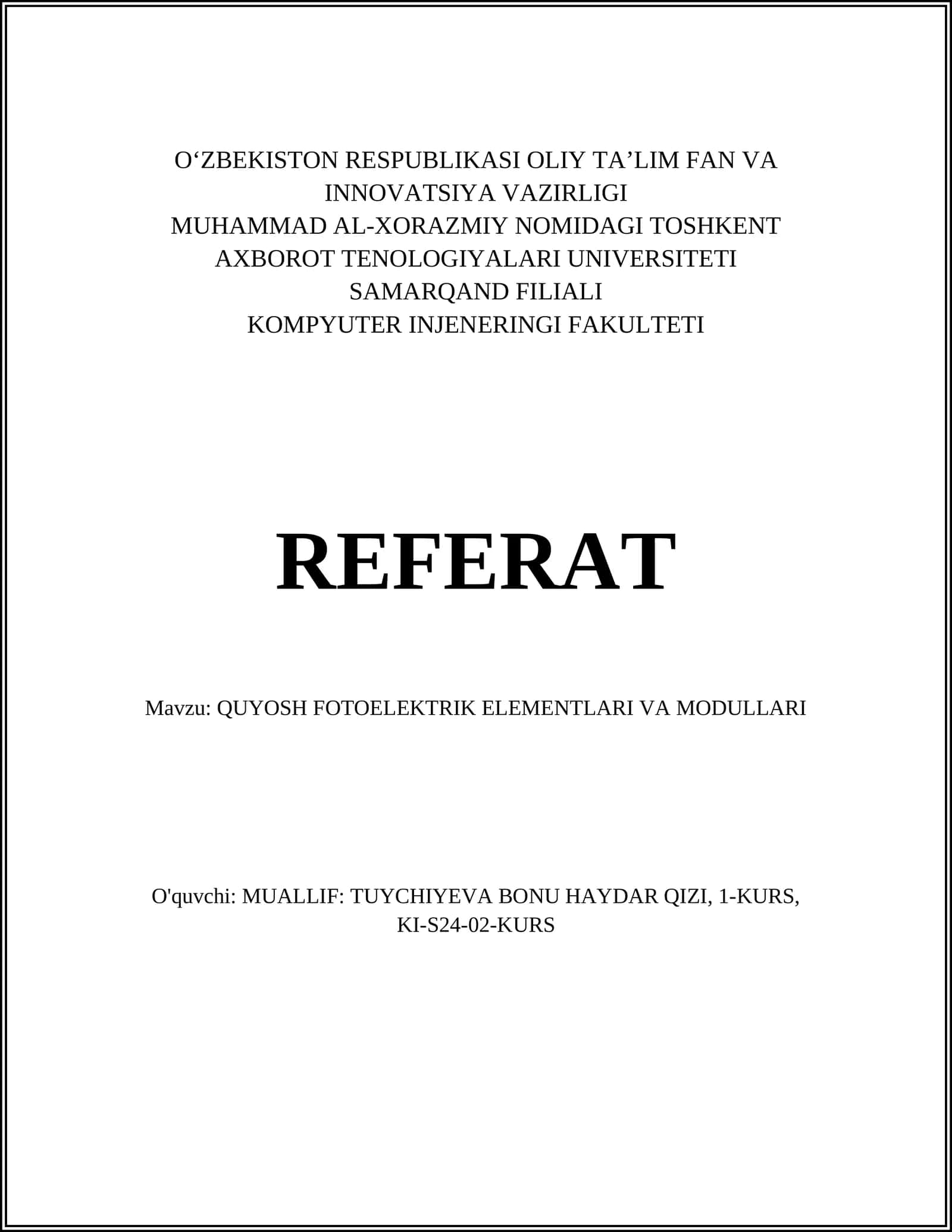 QUYOSH FOTOELEKTRIK ELEMENTLARI VA MODULLARI