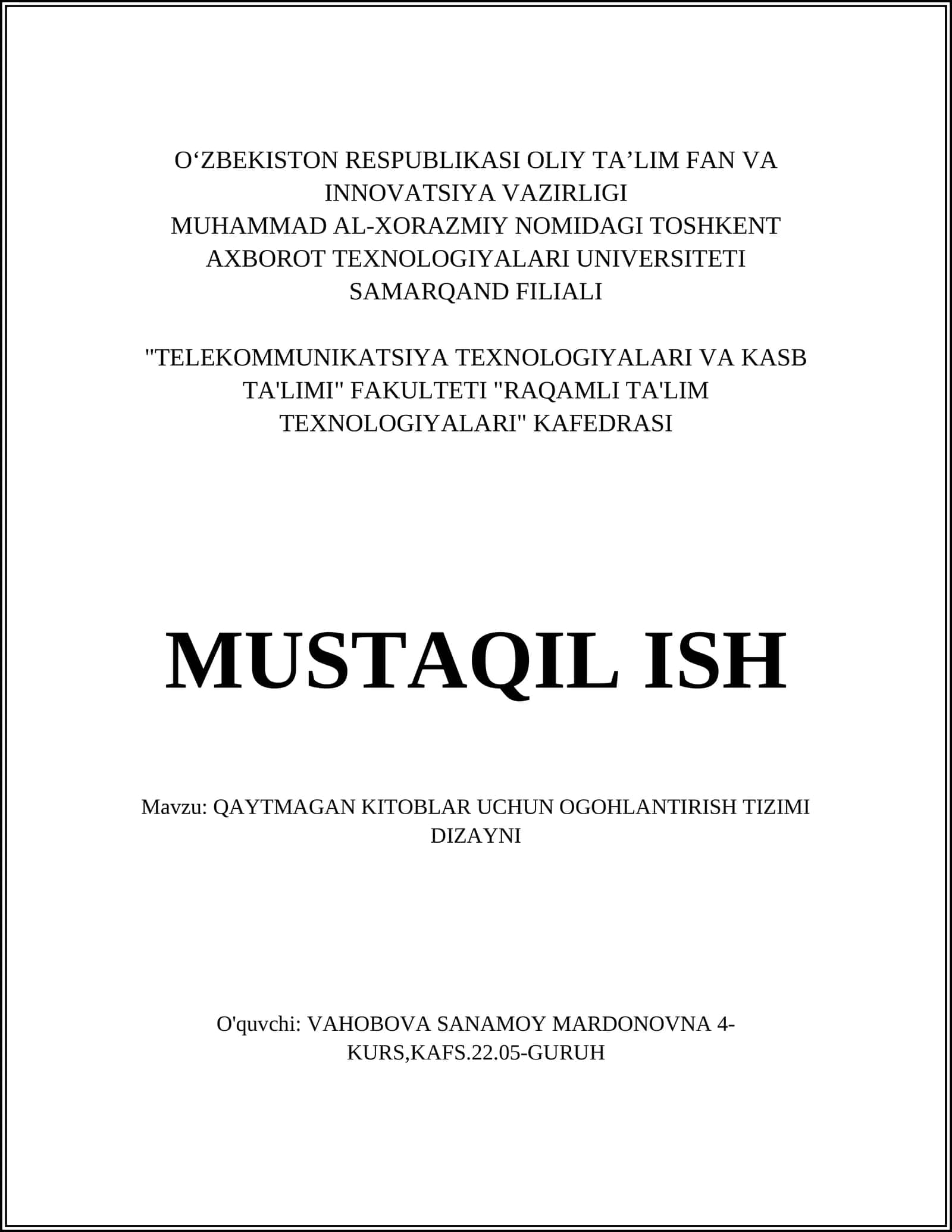 QAYTMAGAN KITOBLAR UCHUN OGOHLANTIRISH TIZIMI DIZAYNI