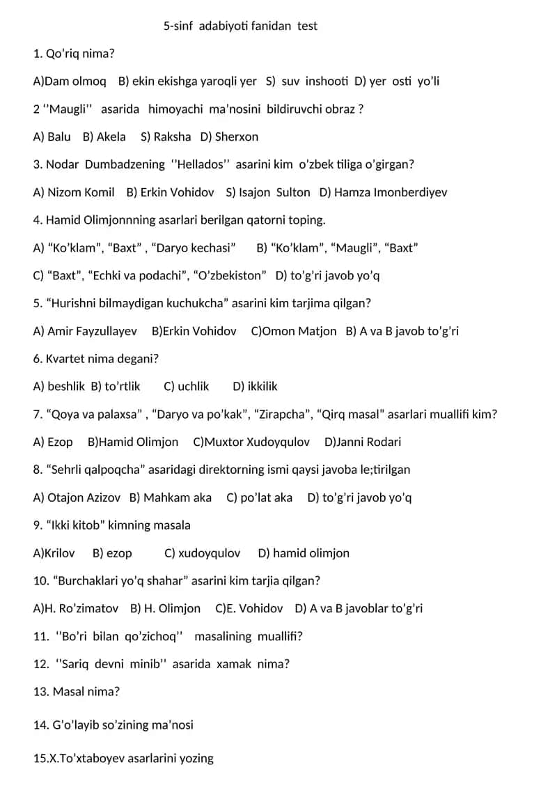 5-sinf adabiyot test