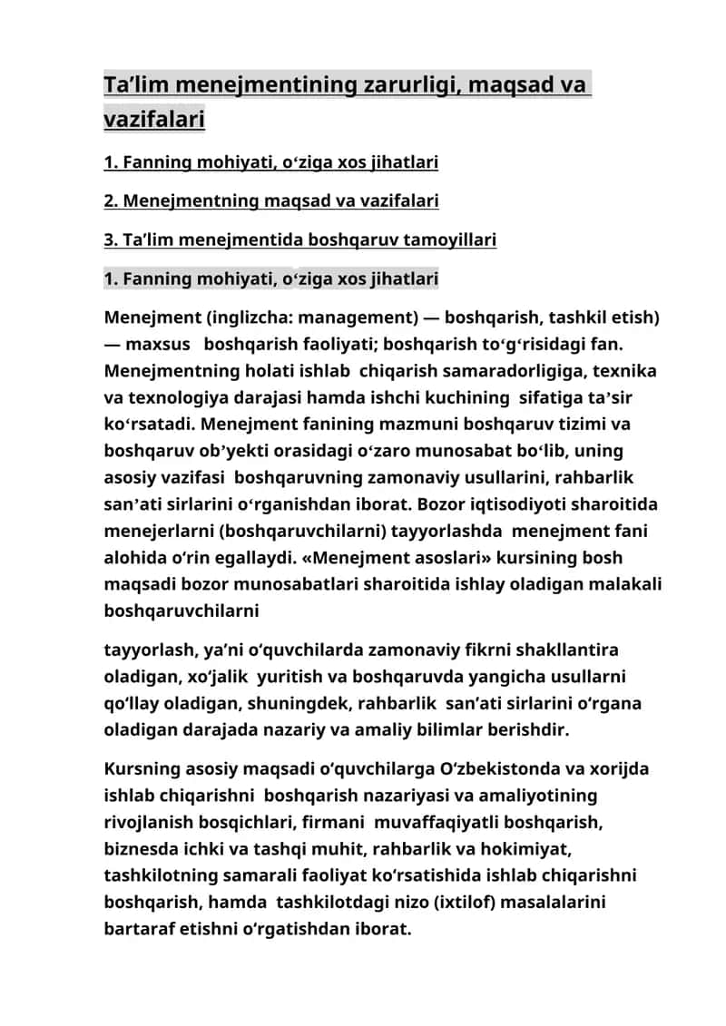 Menejmentning Zarurligi, Maqsad va Vazifalari