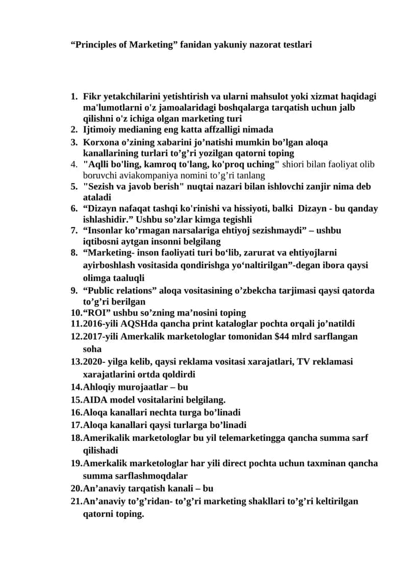 “Principles of Marketing” fanidan yakuniy nazorat testlari