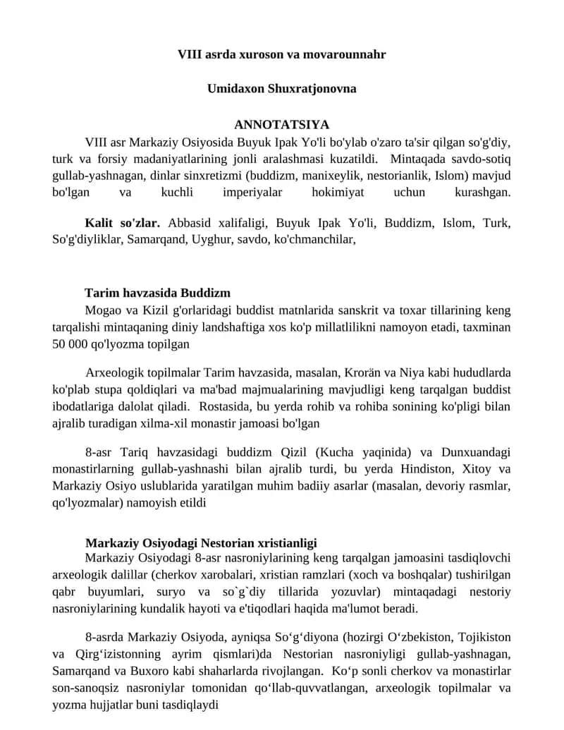 VIII asrda xuroson va movarounnahr
