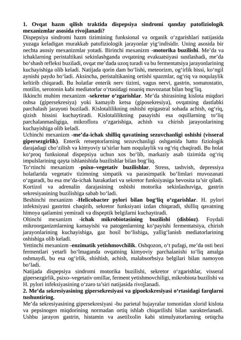 Patalogik Fiziologiya Fanidan 3-kurs V smestir oraliq nazorat savollariga  tòlliq javoblar