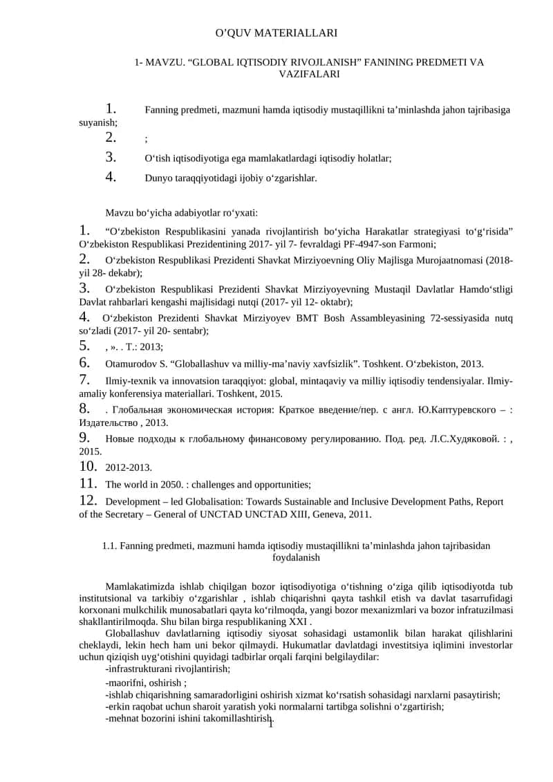 MаVZU. “GLОBАL IQTISОDIY RIVОJLАNISH” FАNINING PRЕDMЕTI VА VАZIFАLАRI