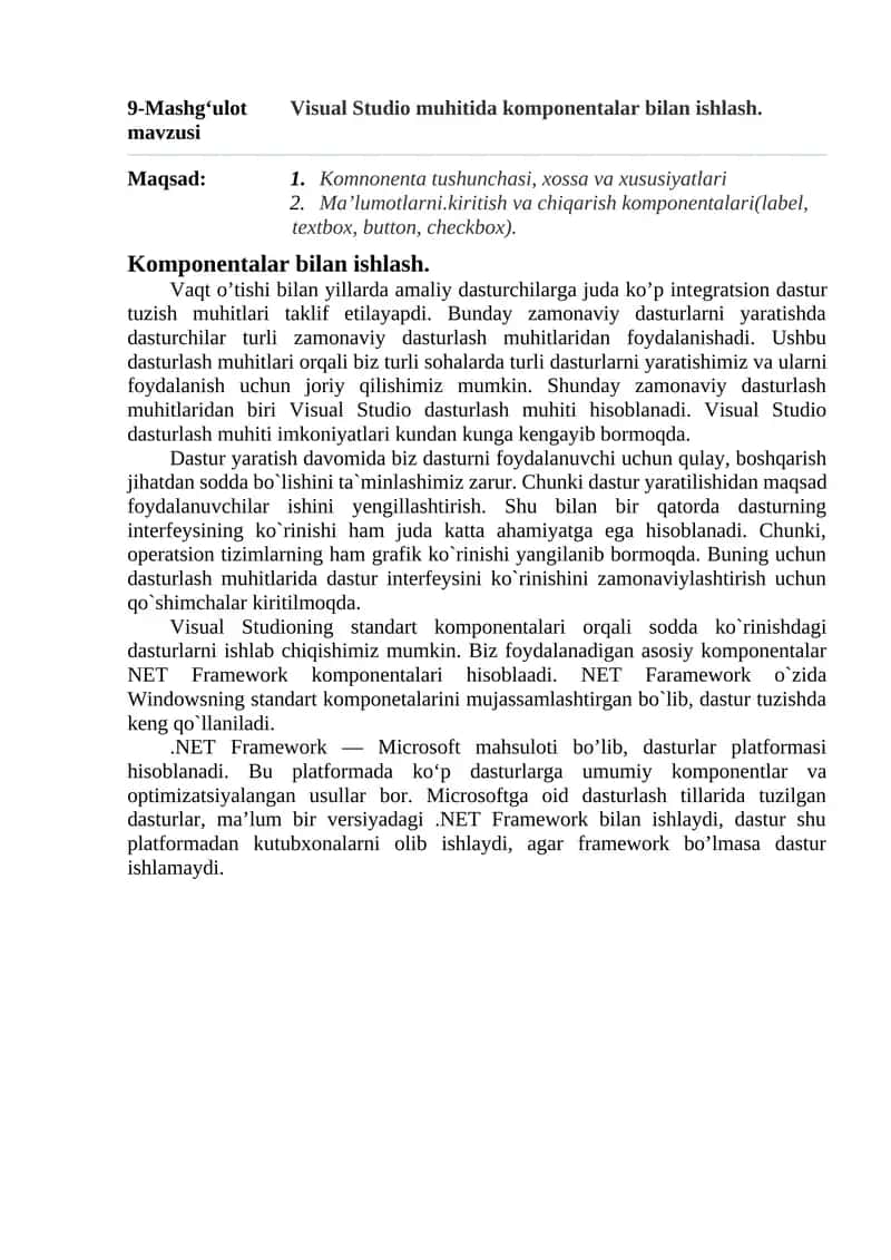 Visual Studio muhitida komponentalar bilan ishlash.