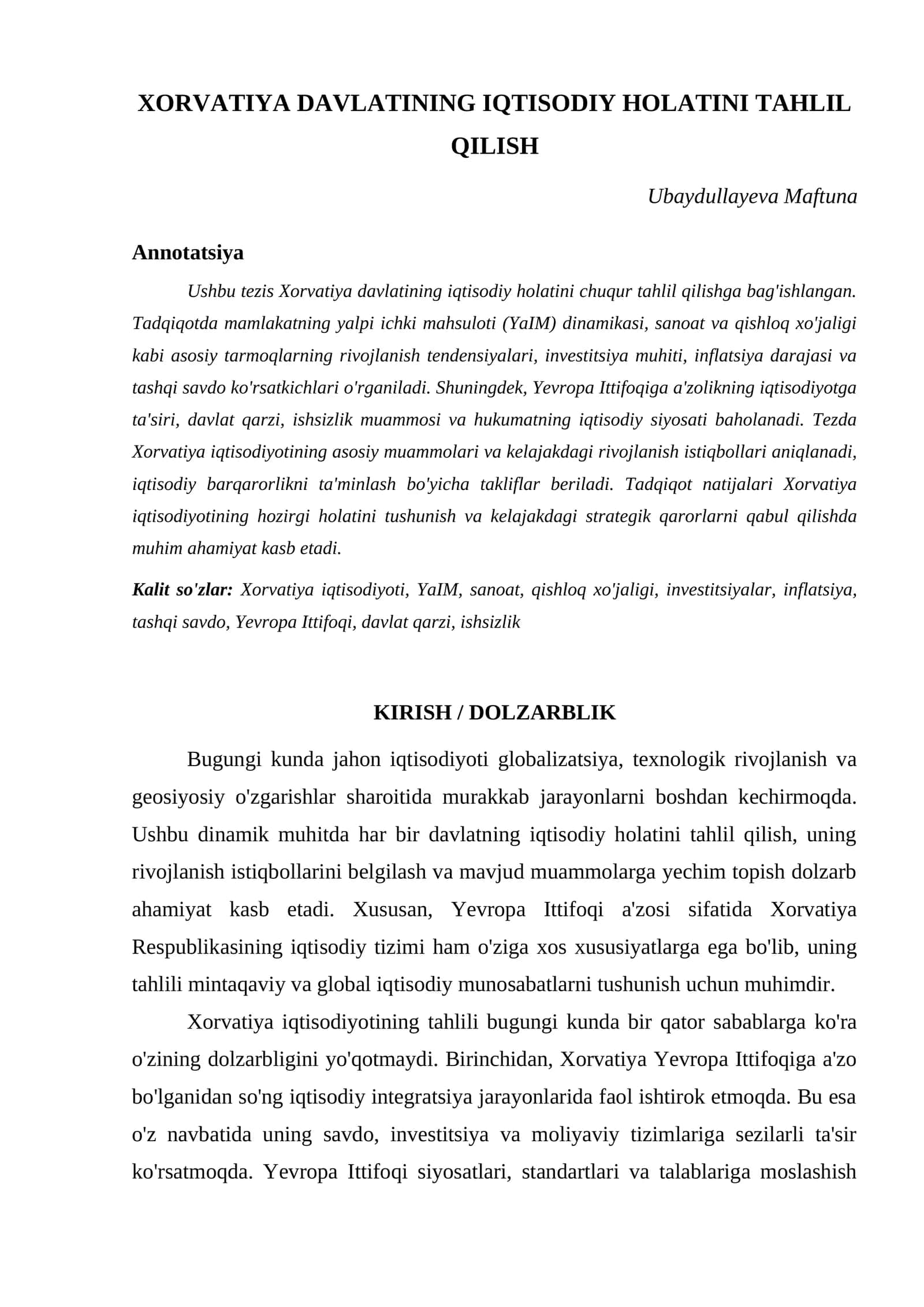 XORVATIYA DAVLATINING IQTISODIY HOLATINI TAHLIL QILISH