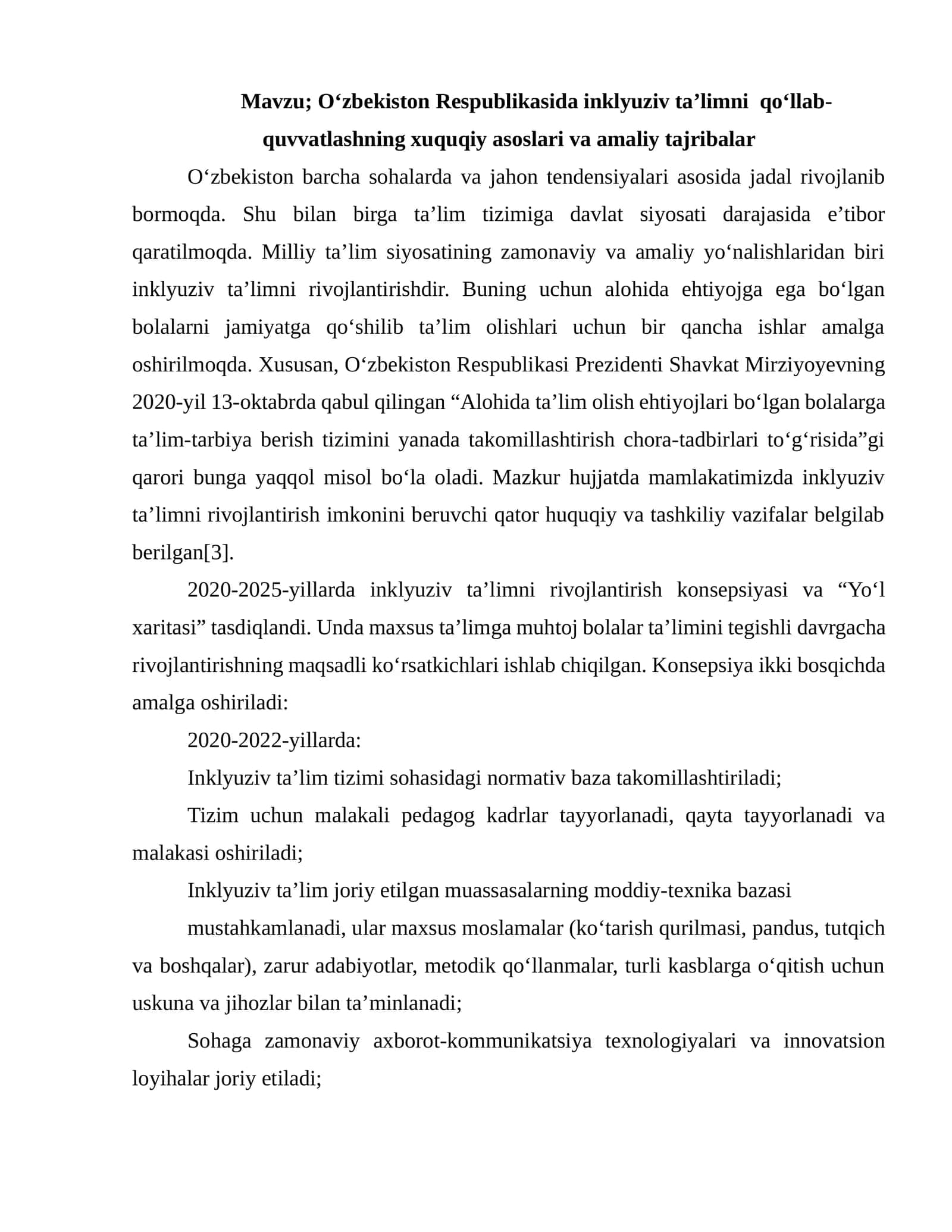 O‘zbekiston Respublikasida inklyuziv ta’limni qo‘llab-quvvatlashning xuquqiy asoslari va amaliy tajribalar