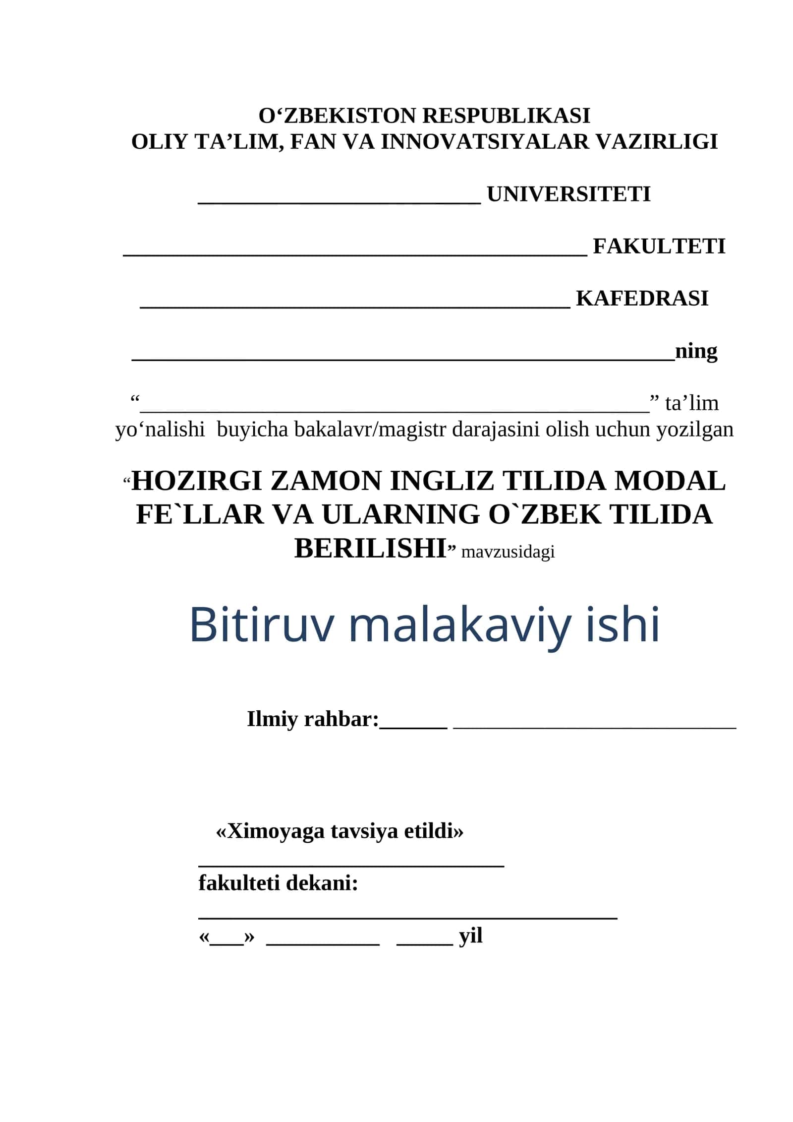 HOZIRGI ZAMON INGLIZ TILIDA MODAL FE`LLAR VA ULARNING O`ZBEK TILIDA BERILISHI