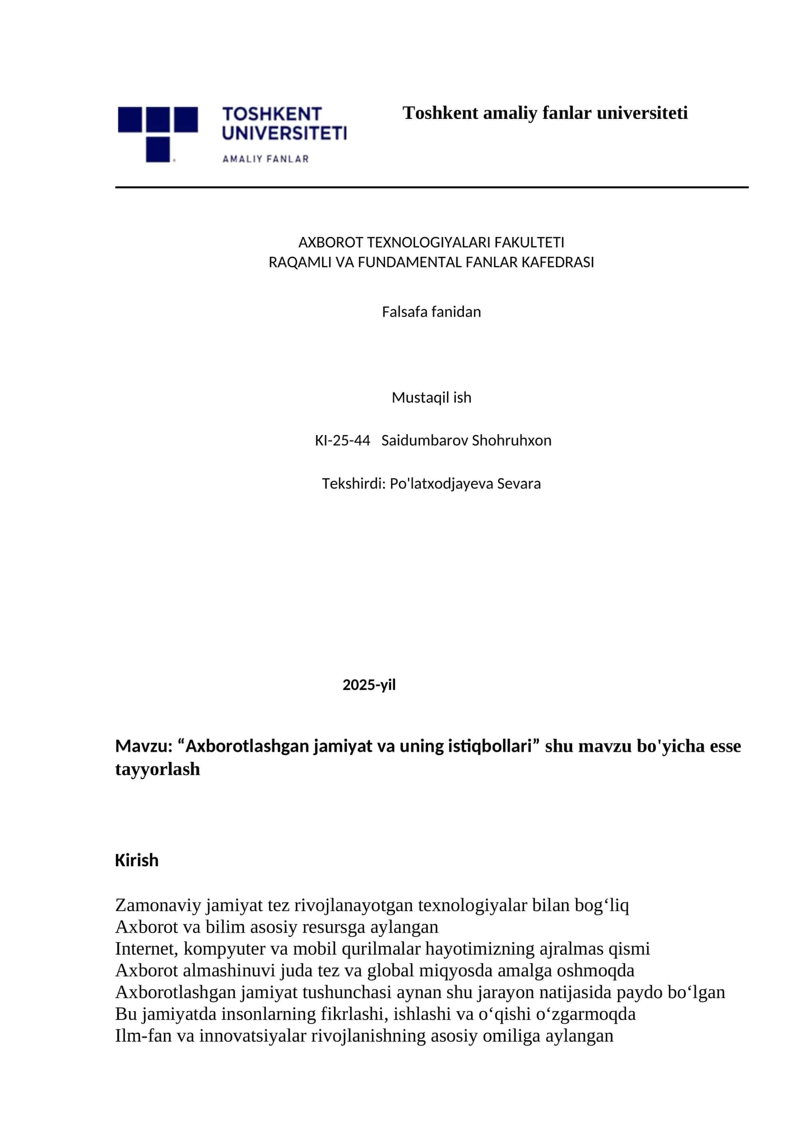 Axborotlashgan jamiyat va uning istiqbollari