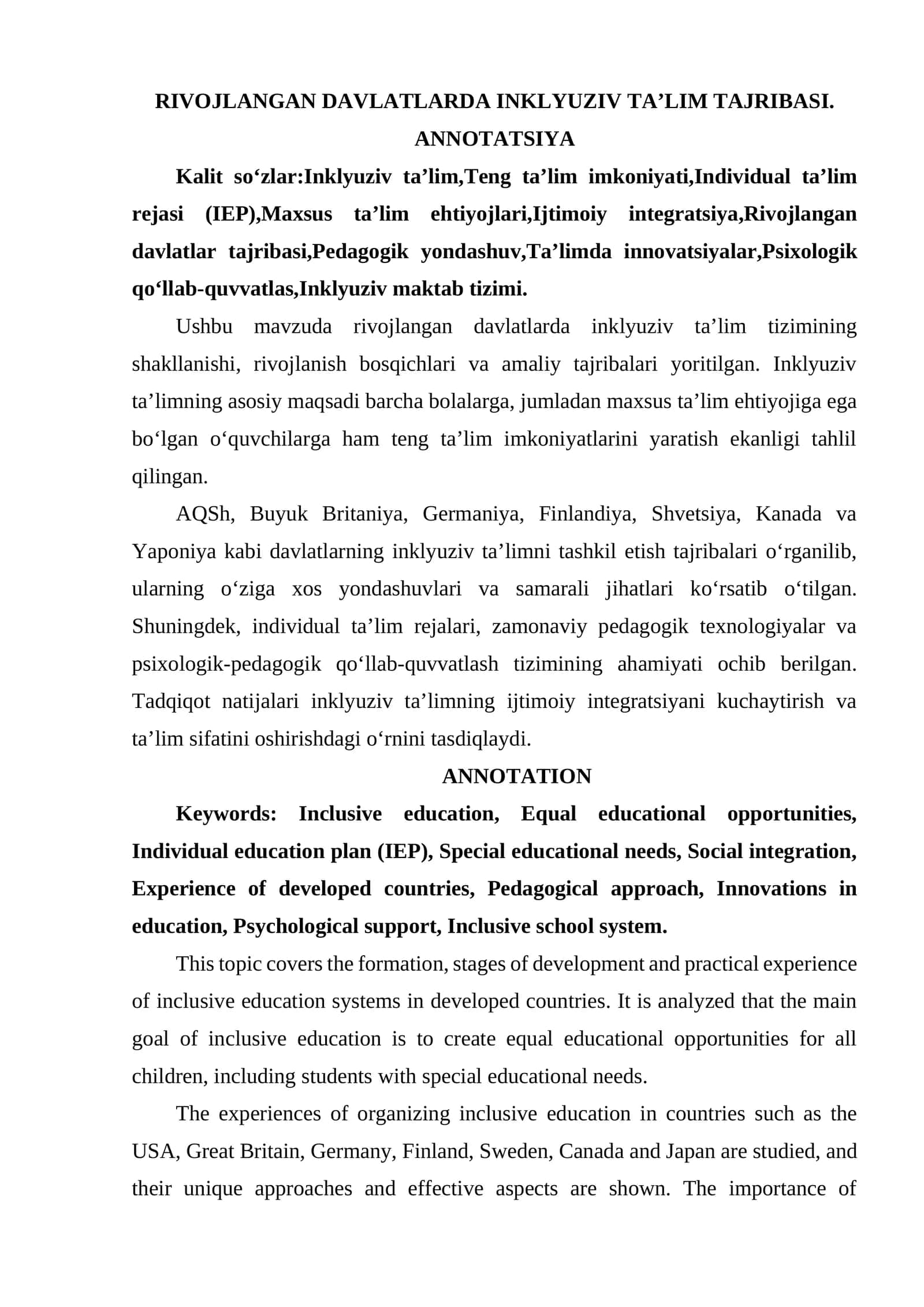 RIVOJLANGAN DAVLATLARDA INKLYUZIV TA’LIM TAJRIBASI.