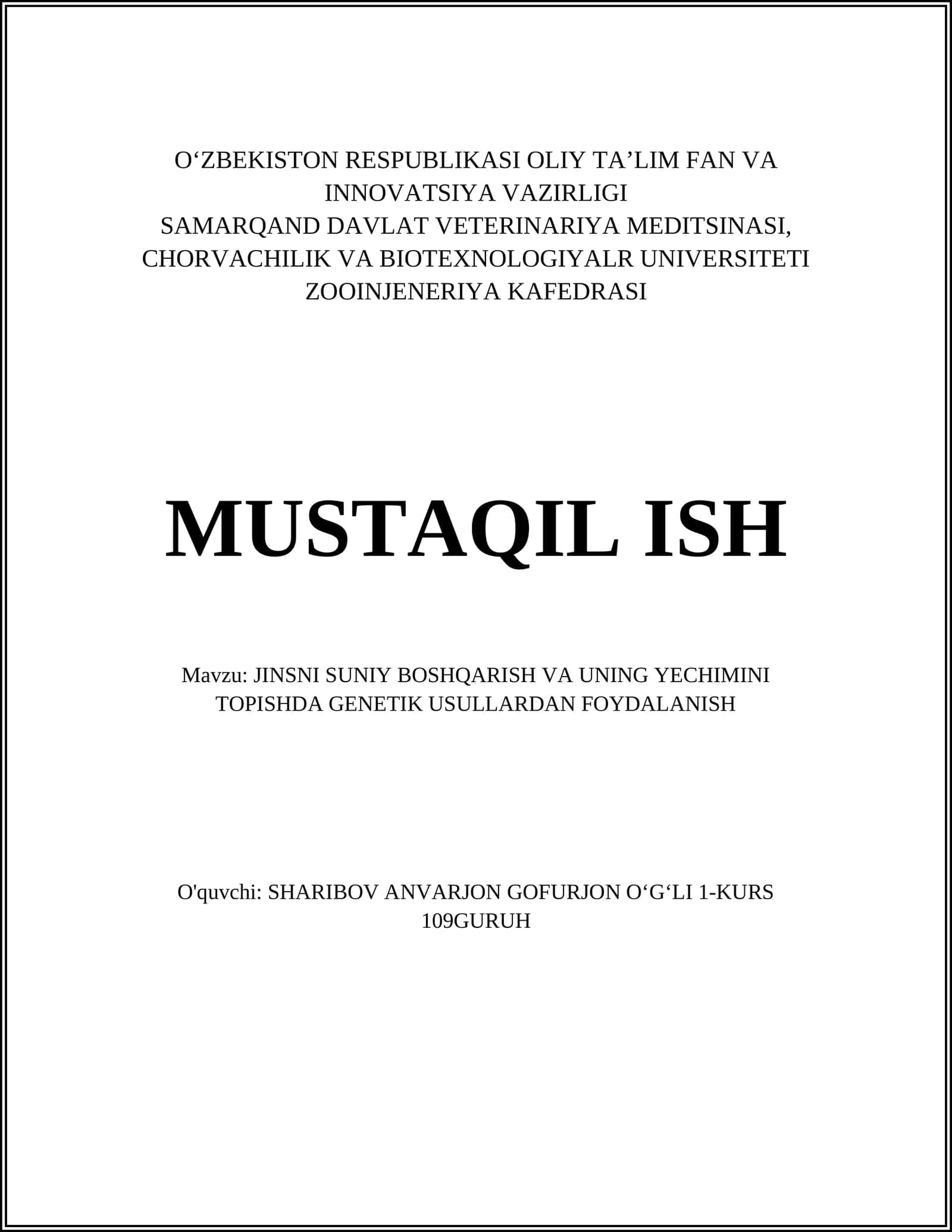 JINSNI SUNIY BOSHQARISH VA UNING YECHIMINI TOPISHDA GENETIK USULLARDAN FOYDALANISH