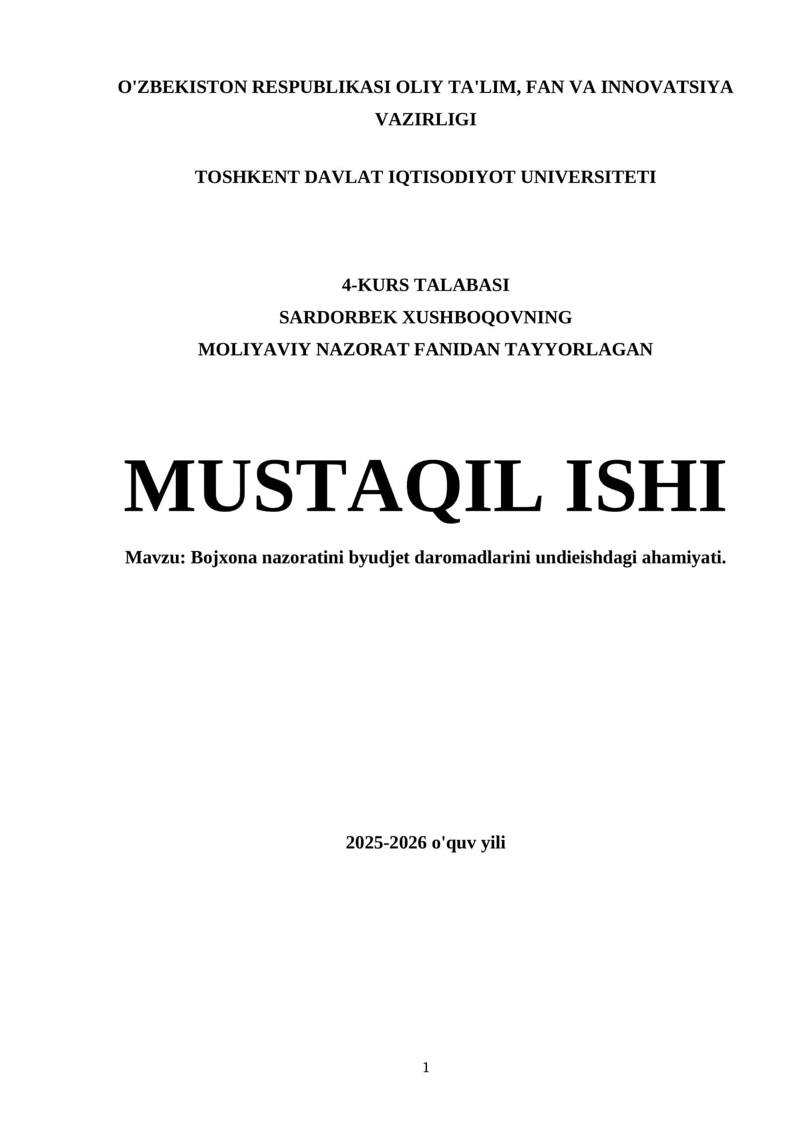 Moliyaviy Nazorat Fanidan Tayyorlagan Mustaqil Ish