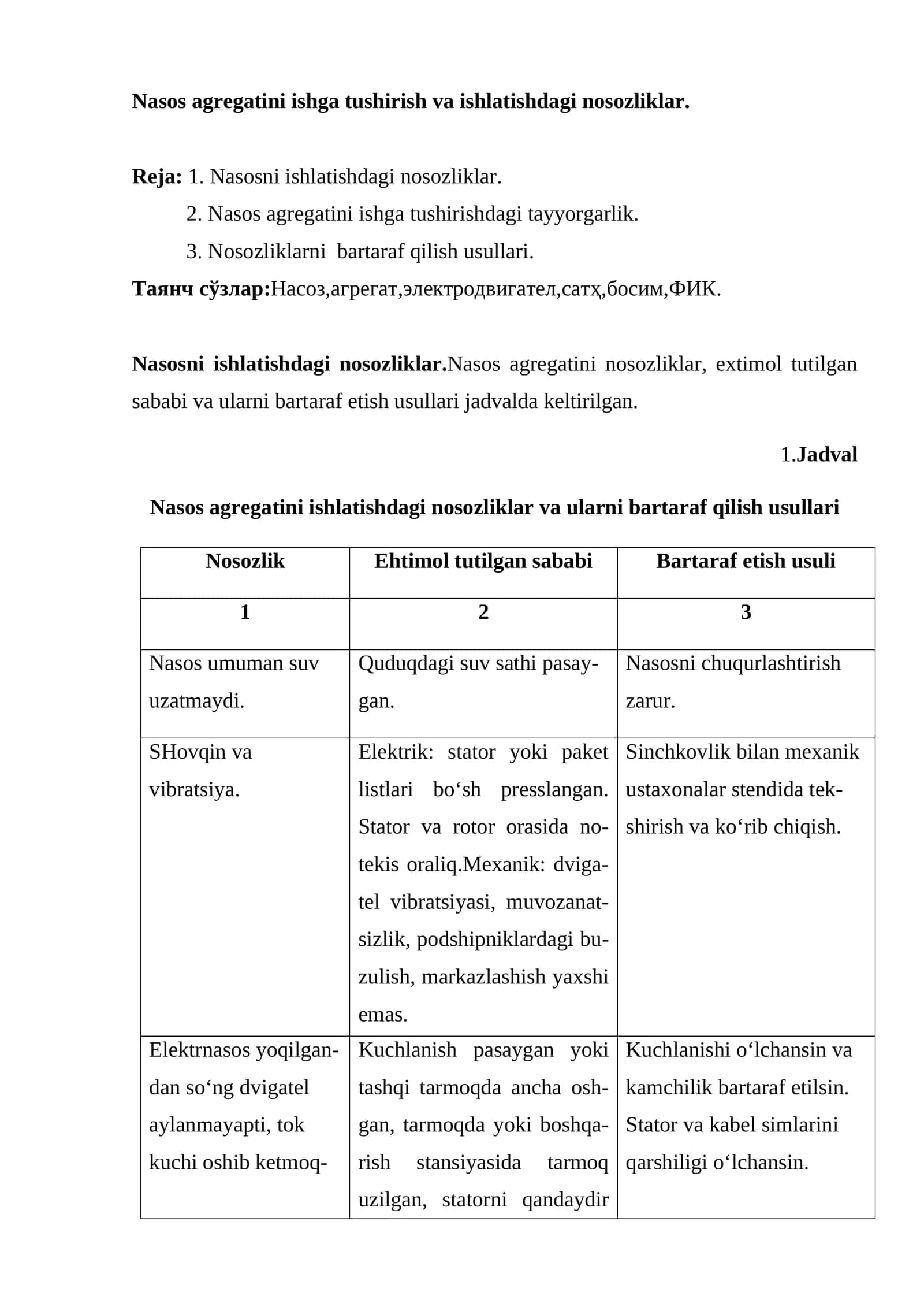 Nasos Agregatini Ishlatishdagi Nosozliklar