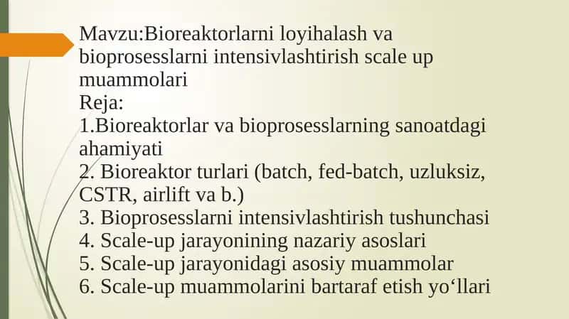 Bioreaktorlar va Bioprosesslarni Intensivlashtirish