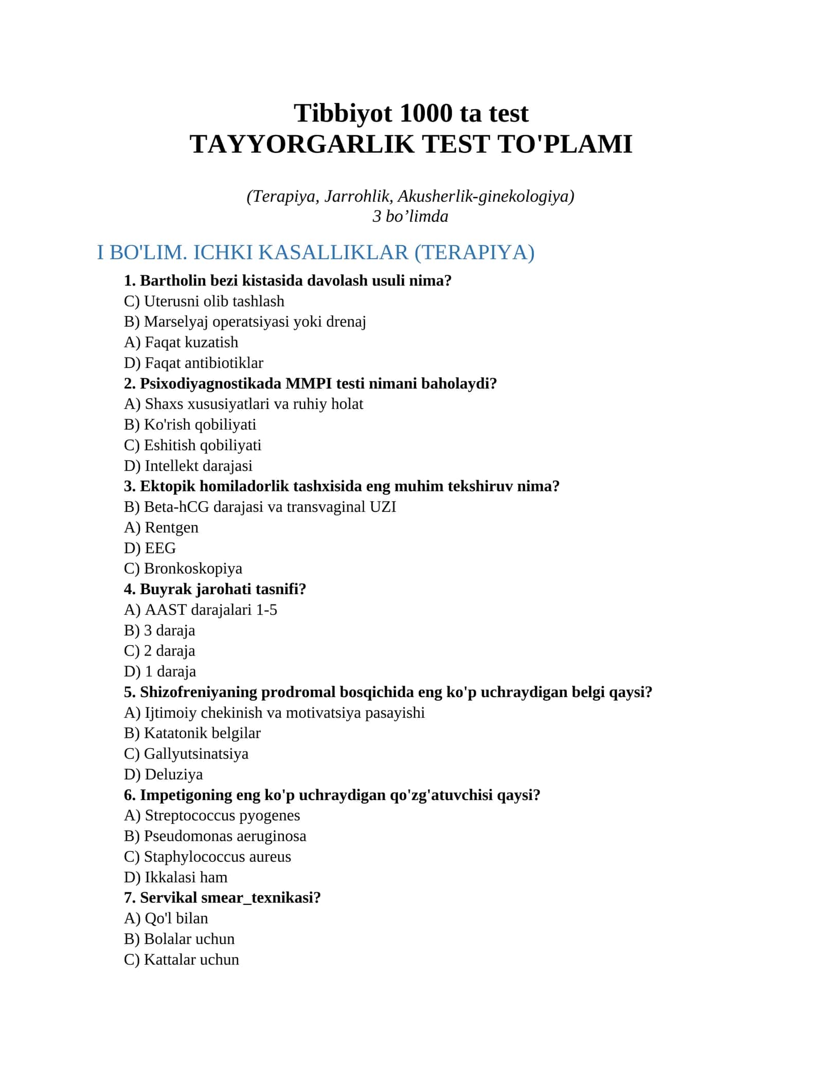 Tibbiyot 1000 ta test