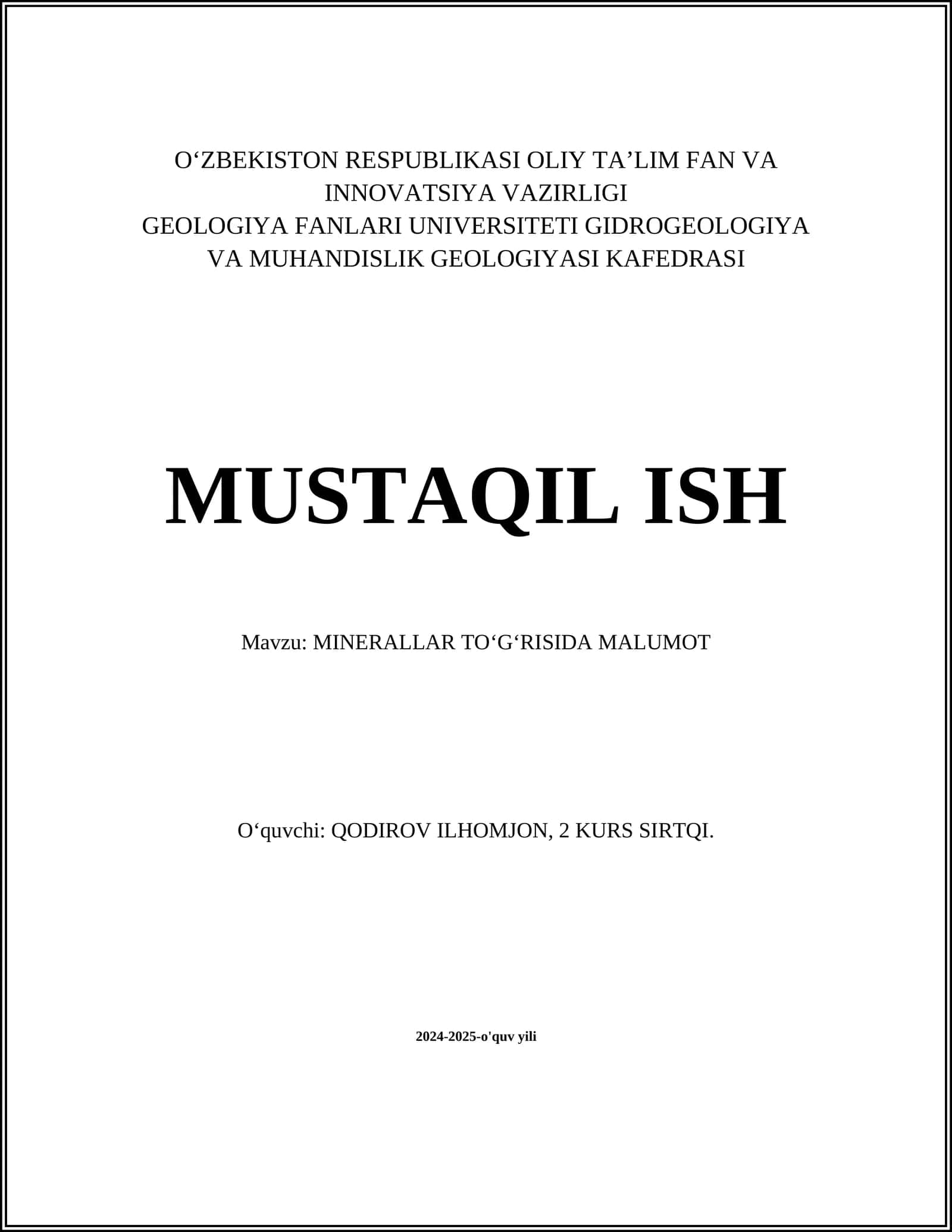MINERALLAR TO‘G‘RISIDA MALUMOT