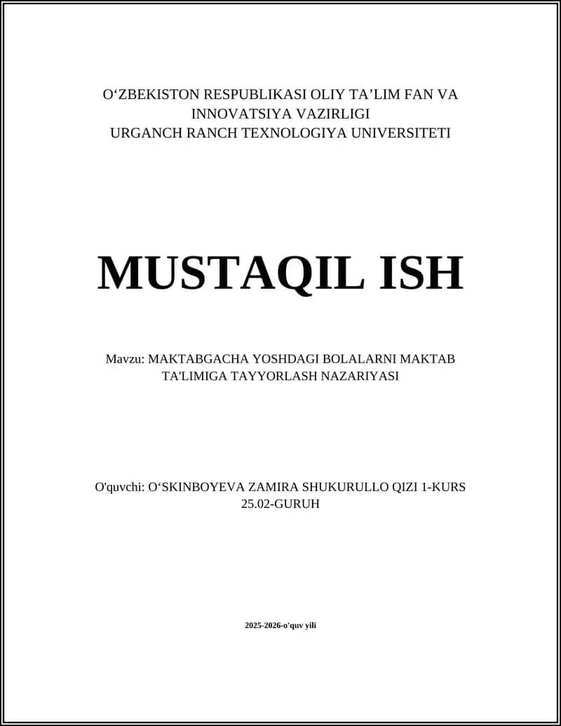 Maktabgacha Yoshdagi Bolalarni Maktab Ta'limiga Tayyorlash Nazariyasi