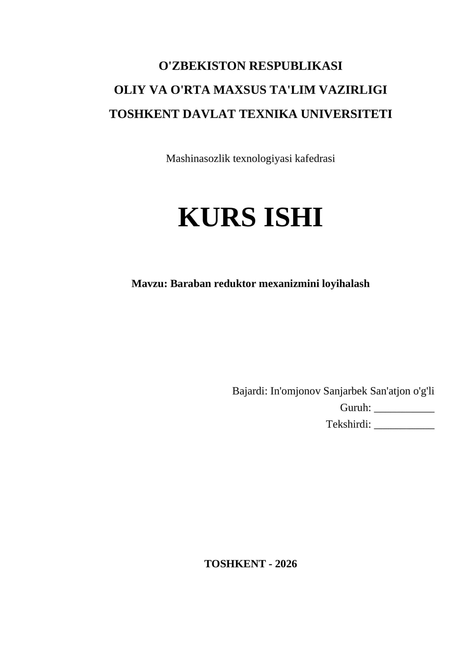 Baraban Reduktor Mexanizmini Loyihalash