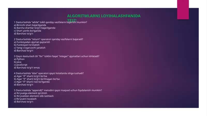 Algoritmlarni loyihalash fanidan test